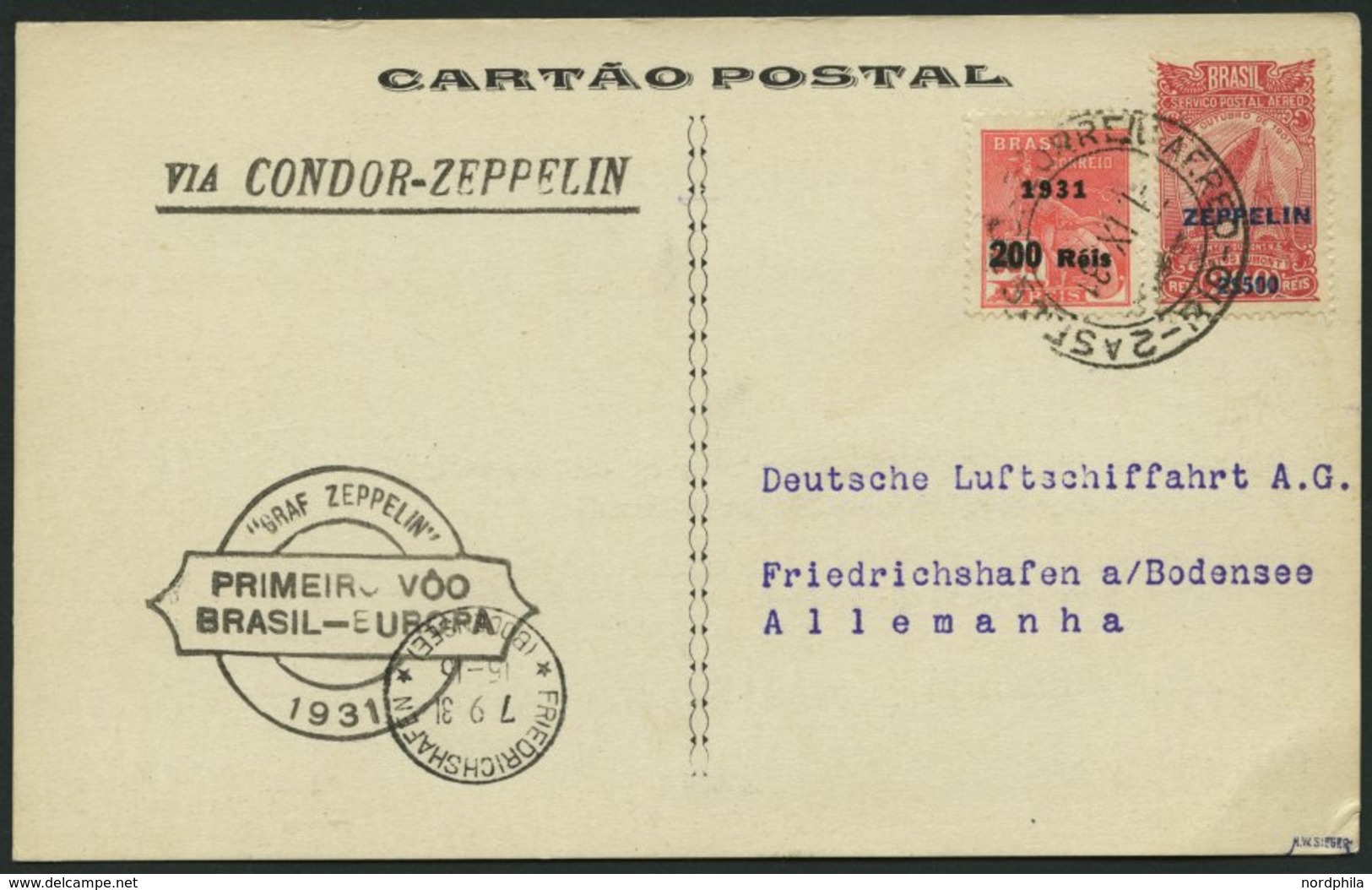 ZEPPELINPOST 125A BRIEF, 1931, 1. Südamerikafahrt, Brasil-Post, Schwarzer Bestätigungsstempel, Frankiert Mit 2500 Reis,  - Zeppelins