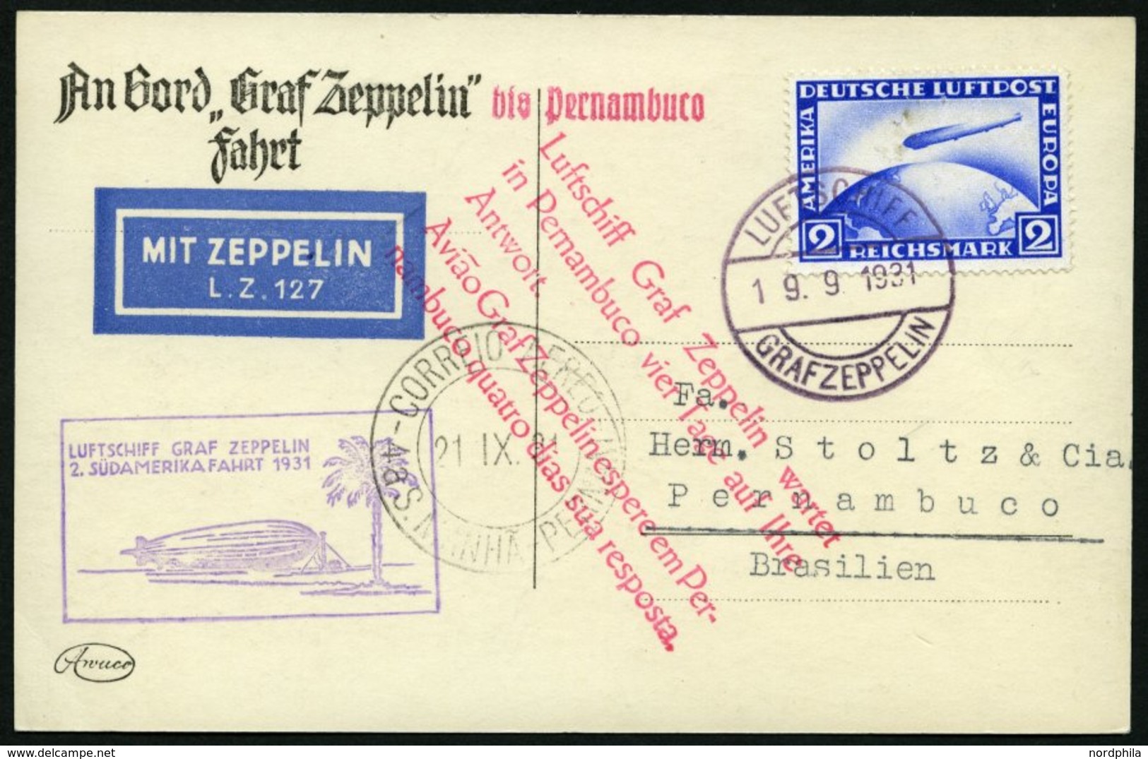 ZEPPELINPOST 129Bb BRIEF, 1931, 2. Südamerikafahrt, Bordpost Bis Brasilien, Prachtkarte - Zeppelins