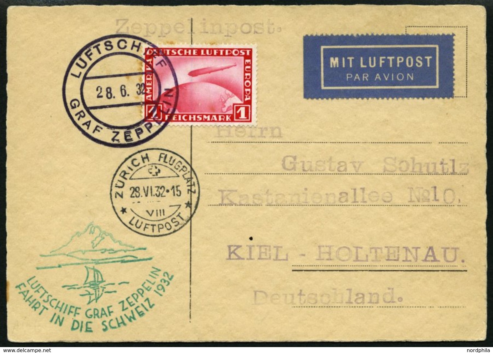 ZEPPELINPOST 166b BRIEF, 1932, Schweizfahrt, Abwurf Zürich, Bordpost, Karte Feinst (Marke Etwas Fleckig) - Zeppelins