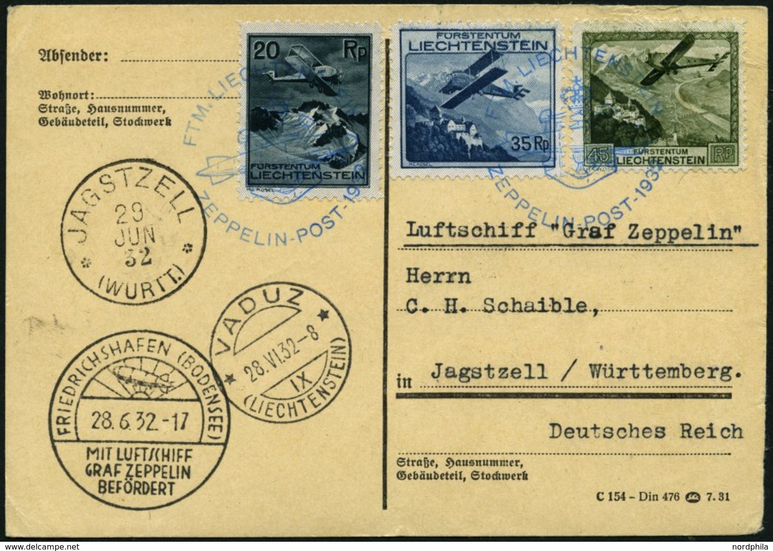 ZEPPELINPOST 167II BRIEF, 1932, Schweizfahrt, Auflieferung Vaduz, Rückseitig Mit Violettem Nebenstempel Während Der Post - Zeppelins