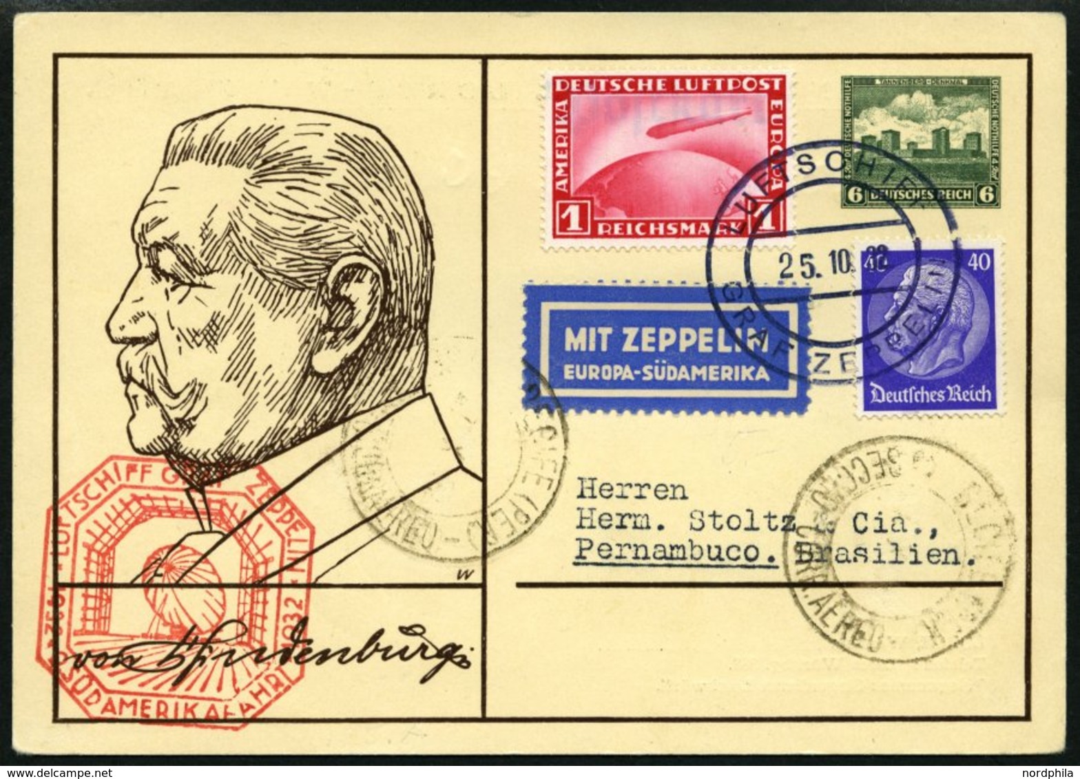 ZEPPELINPOST 195Ab BRIEF, 1932, 9. Südamerikafahrt, Bordpost Hinfahrt, Prachtkarte - Zeppelins