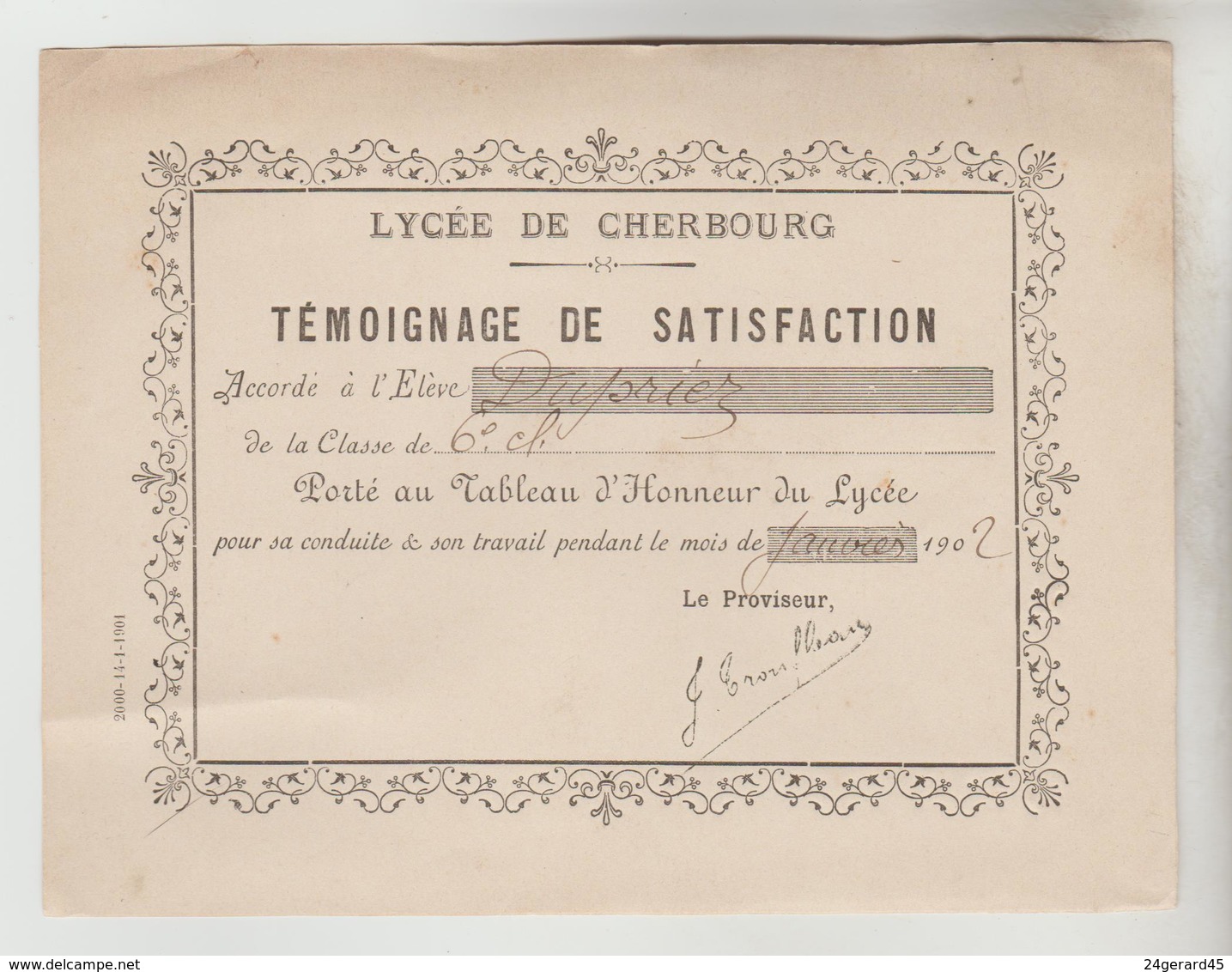 ETUDES TEMOIGNAGE DE SATISFACTION LYCEE DE CHARBOURG 01/1902 + FICHE DISTRIBUTION DES PRIX ECOLE ST JOSEPH - Diplomi E Pagelle