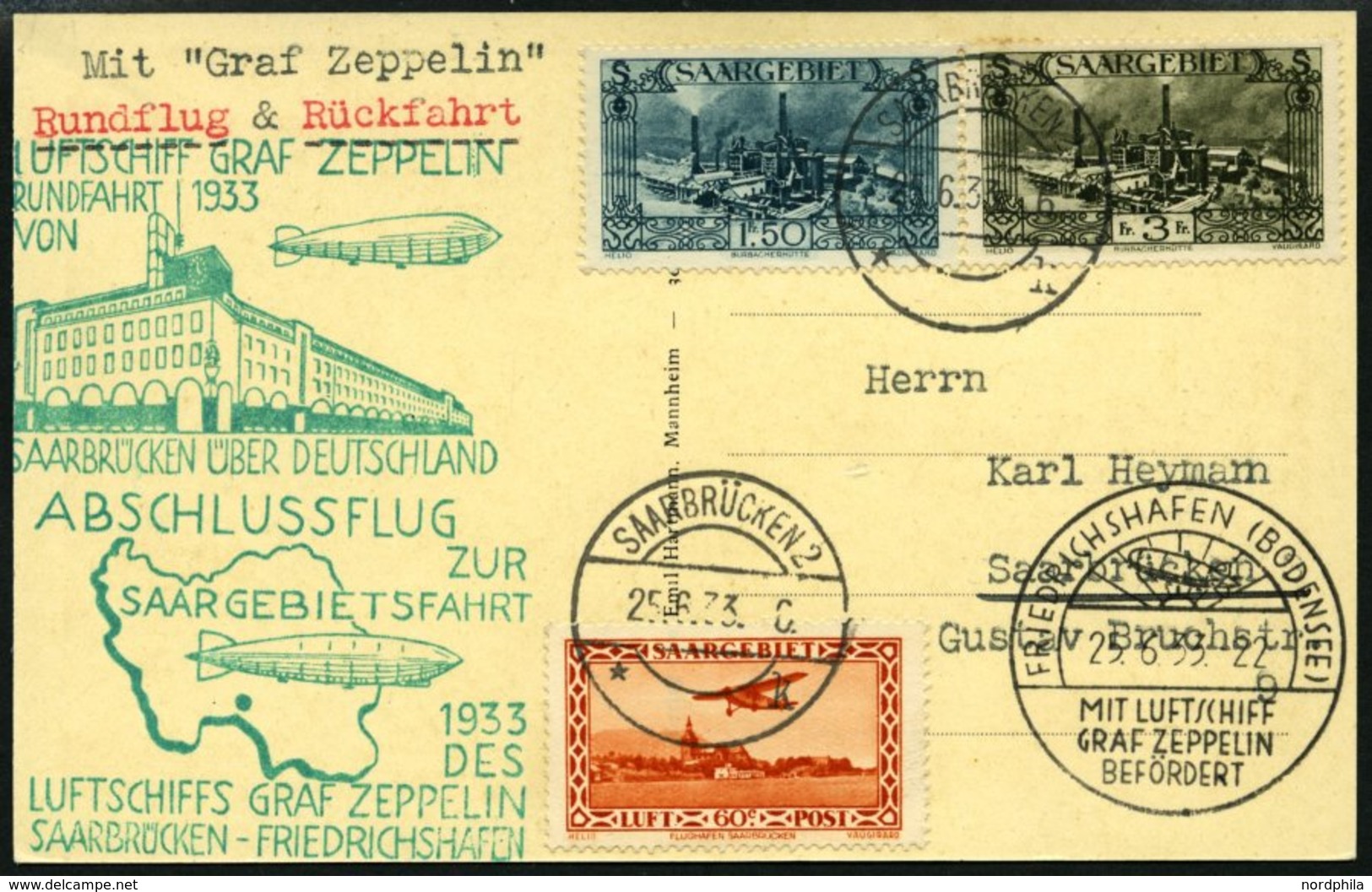 ZEPPELINPOST 218C BRIEF, 1933, Saargebietsfahrt, Saargebiets-Post, Mit Beiden Stempeln, Prachtkarte - Zeppelins