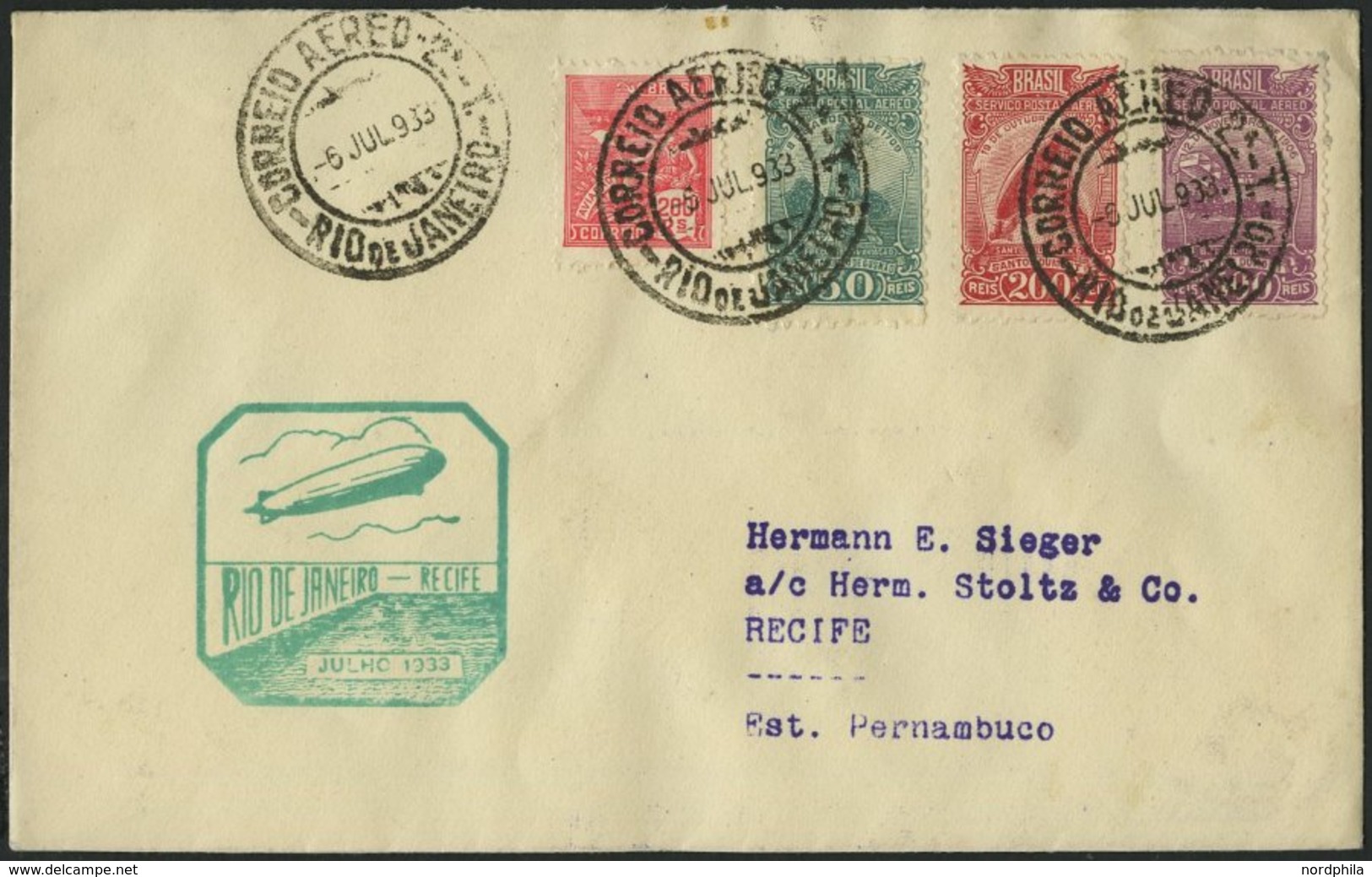 ZEPPELINPOST 220C BRIEF, 1933, 3. Südamerikafahrt, Rio De Janeiro-Recife, Prachtbrief - Zeppelins