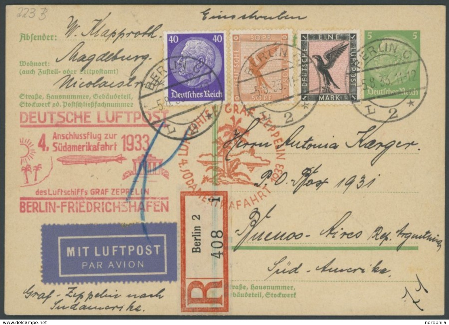 ZEPPELINPOST 223B BRIEF, 1933, 4. Südamerikafahrt, Anschlußflug Ab Berlin, Einschreibkarte, Pracht - Zeppelins