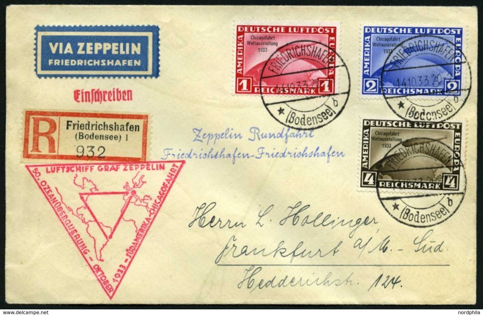 ZEPPELINPOST 238D BRIEF, 1933, Chicagofahrt, Mit Kompletten Satz Chicagofahrt, Einschreibbrief, Pracht - Zeppelins