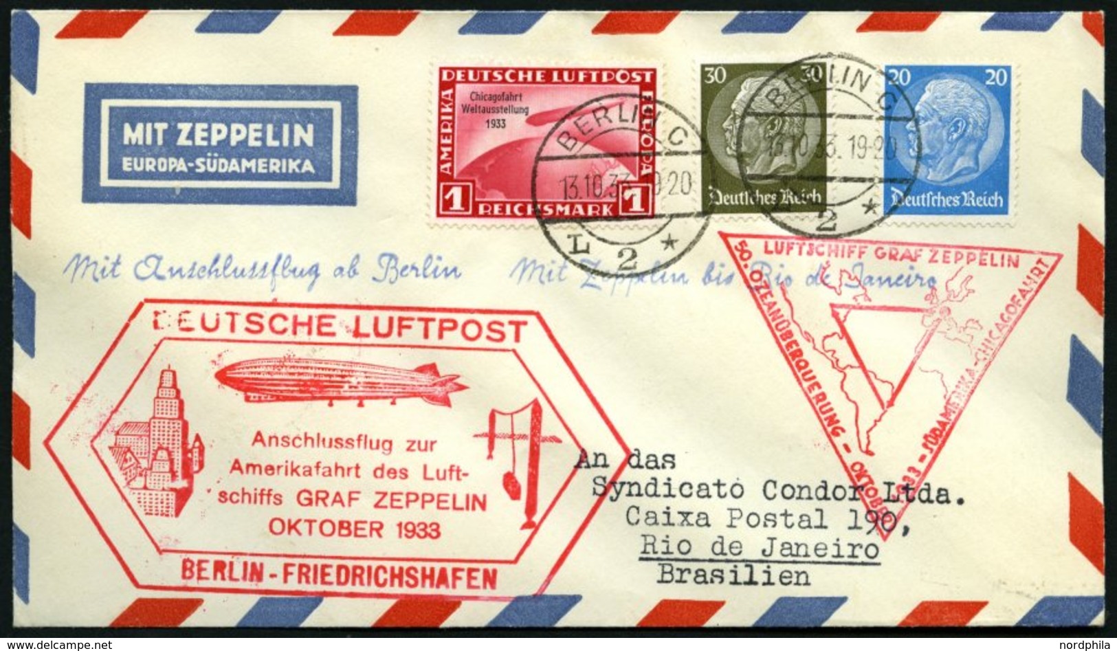 ZEPPELINPOST 238E BRIEF, 1933, Chicagofahrt, Anschlussflug Ab Berlin, Einschreibbrief, Pracht - Zeppelins