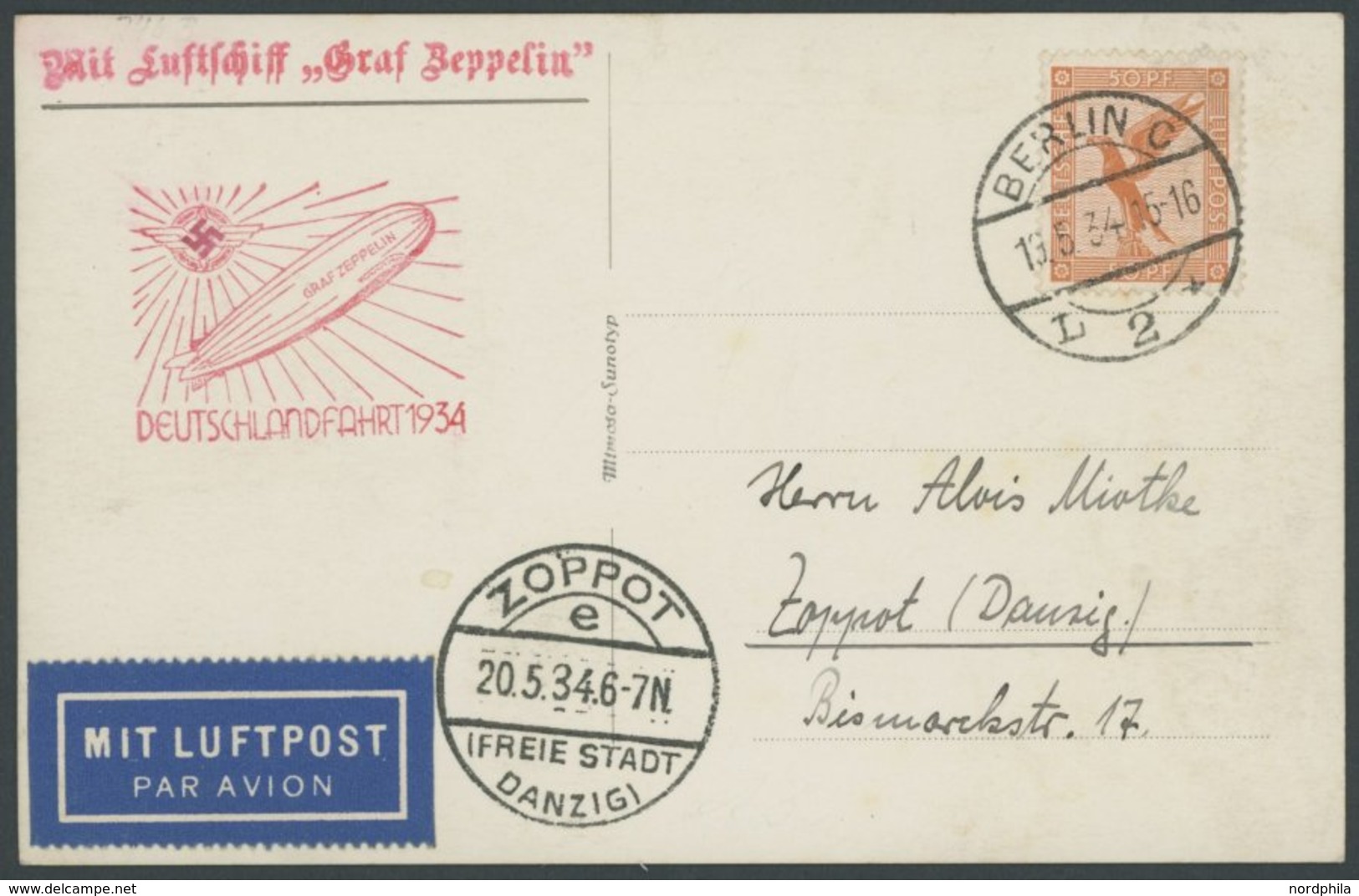 ZEPPELINPOST 246Ba BRIEF, 1934, Deutschlandfahrt, Auflieferung Berlin-Königsberg, Zeppelin-Ansichtskarte Oben Links Etwa - Zeppelins