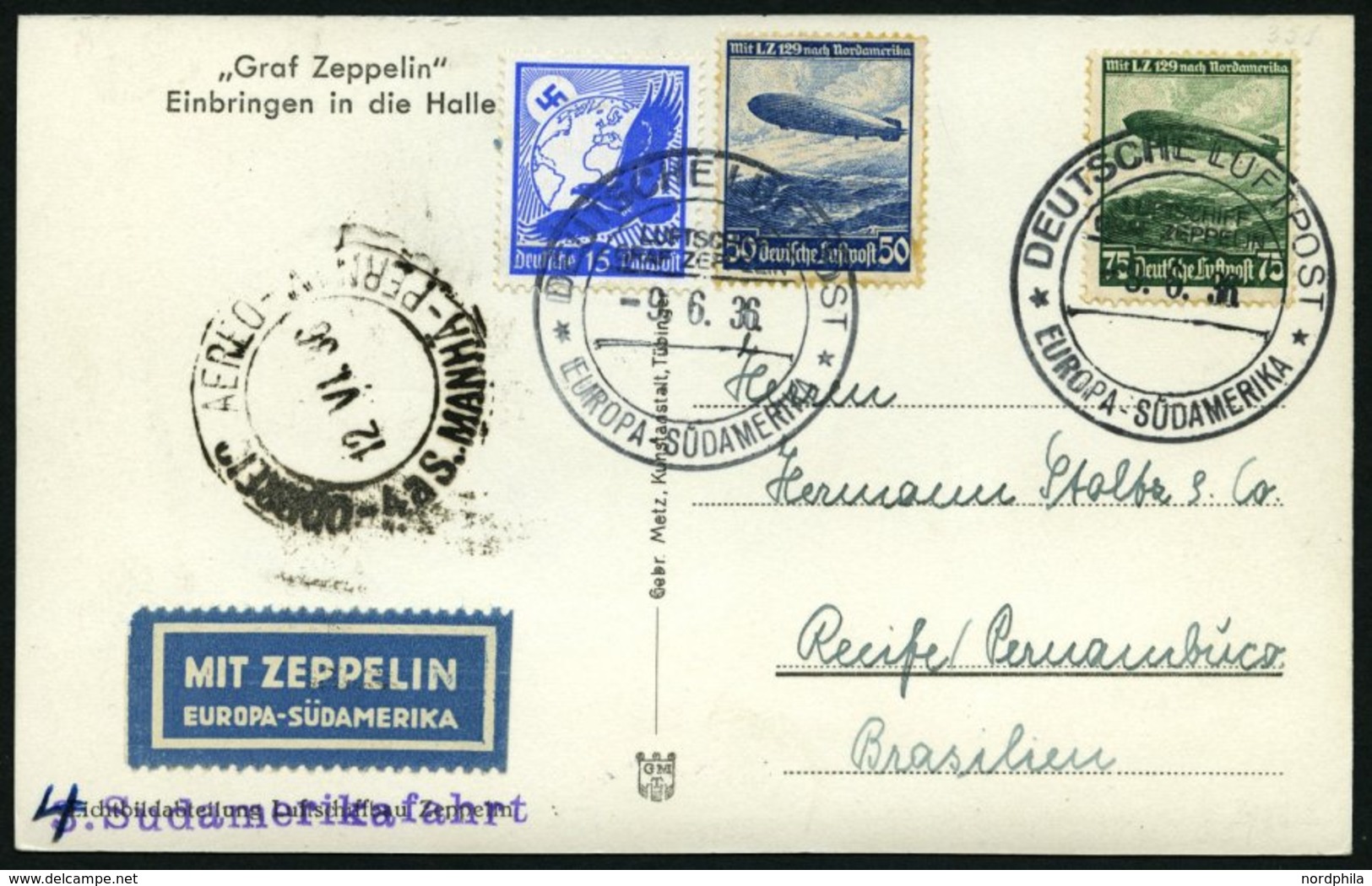 ZEPPELINPOST 351A BRIEF, 1936, 6. Südamerikafahrt, Bordpost, Prachtkarte - Zeppelins