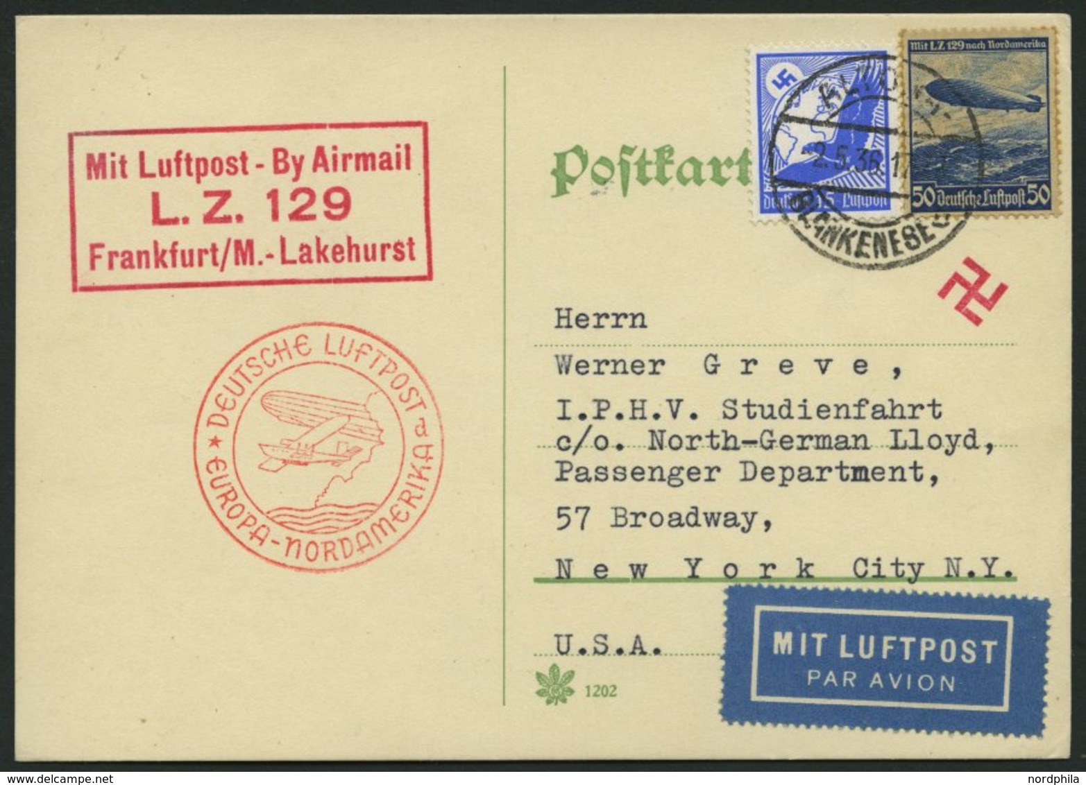 ZEPPELINPOST 406D BRIEF, 1936, 1. Nordamerikafahrt, Auflieferung Frankfurt, Prachtkarte Nach New York - Zeppelins