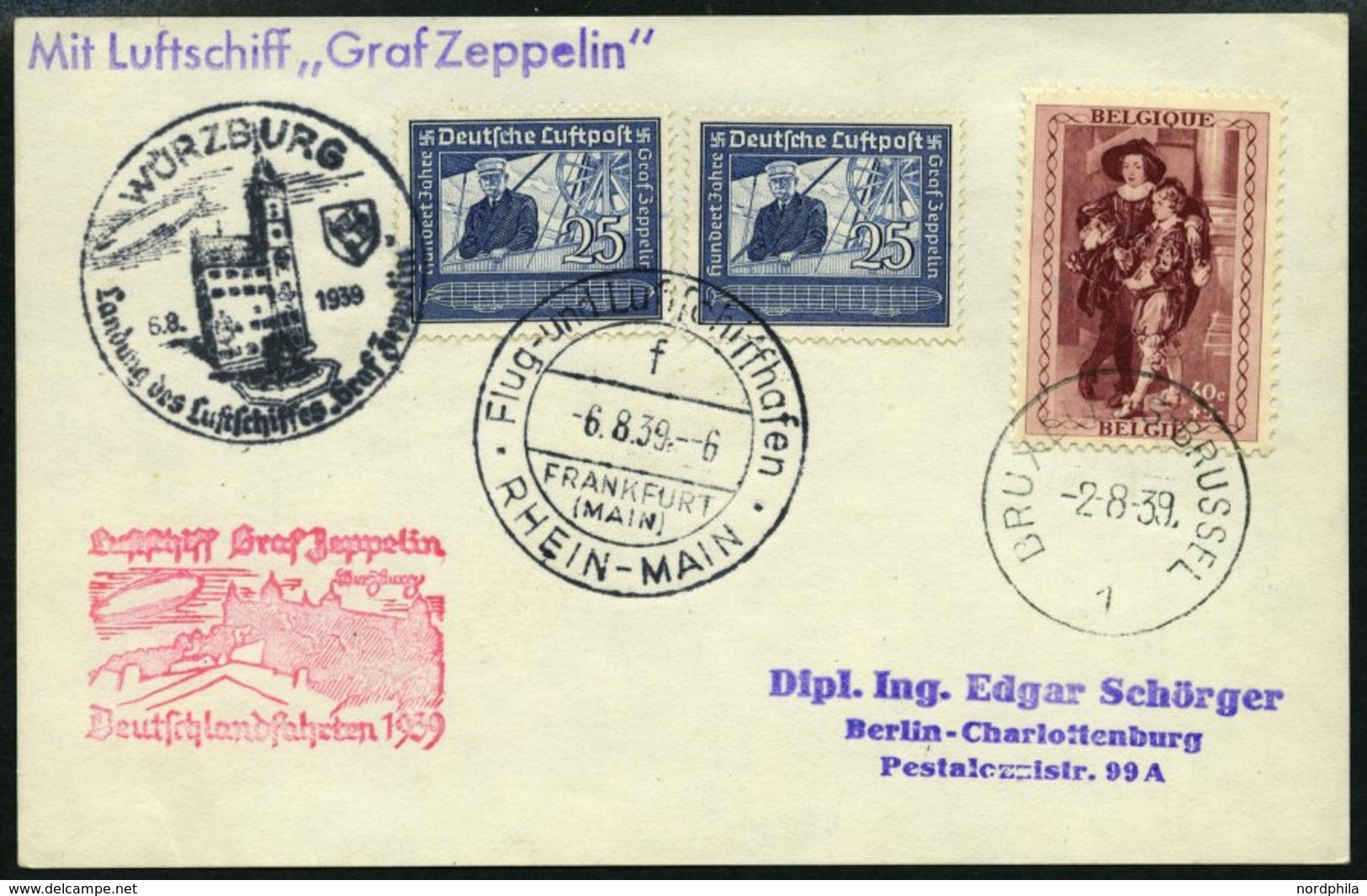 ZEPPELINPOST 461 BRIEF, 1939, Fahrt Nach Würzburg, Mit Mischfrankatur Belgien 40 C. Und Dt. Reich 2x Mi.Nr. 669, Prachtk - Zeppelins