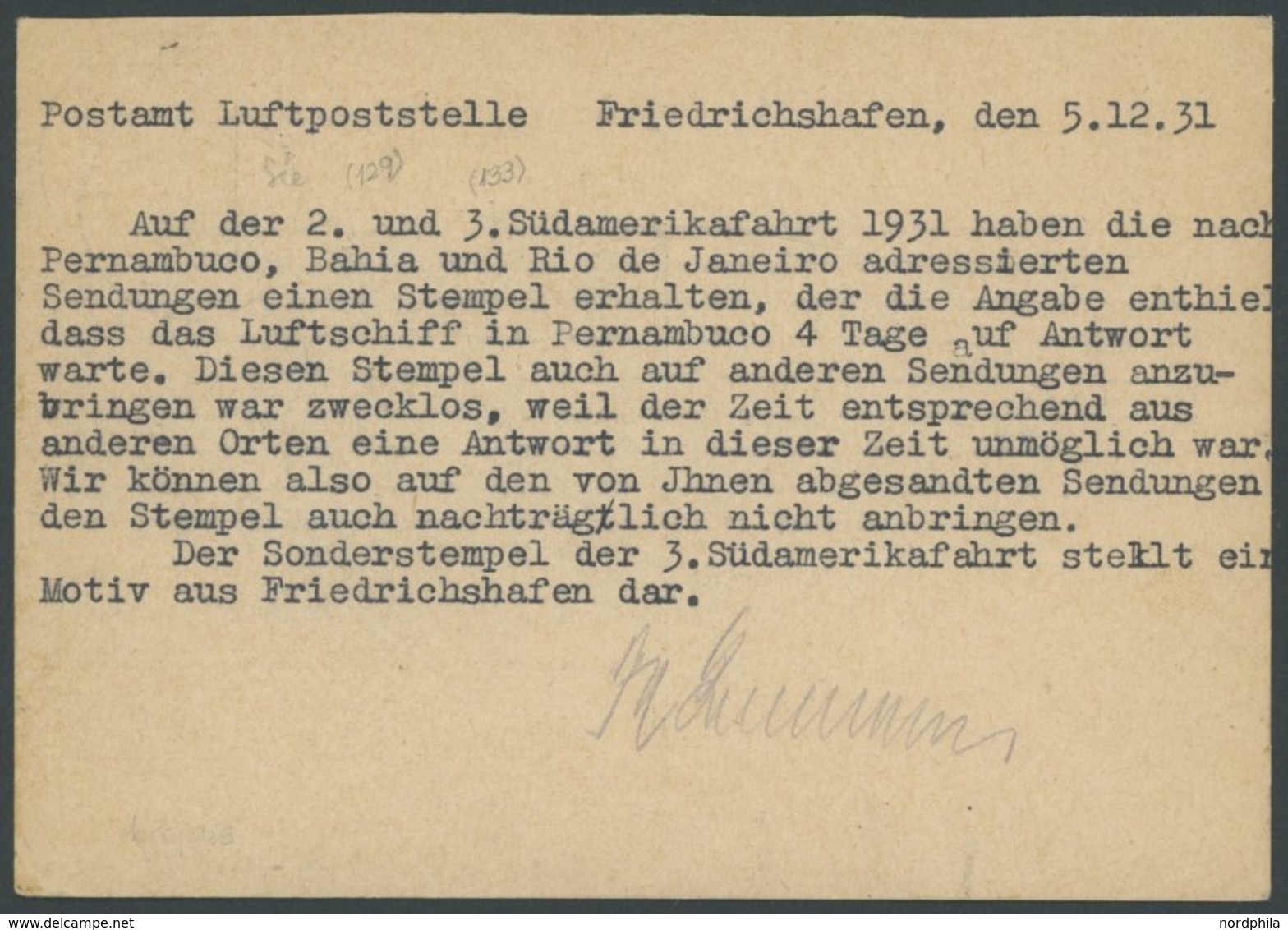 ZEPPELINPOST 1931, Friedrichshafen Luftpostelle: Antwortkarte Mit Ablehnung Einer Nachträglichen Anbringung Des Zeppelin - Zeppelins