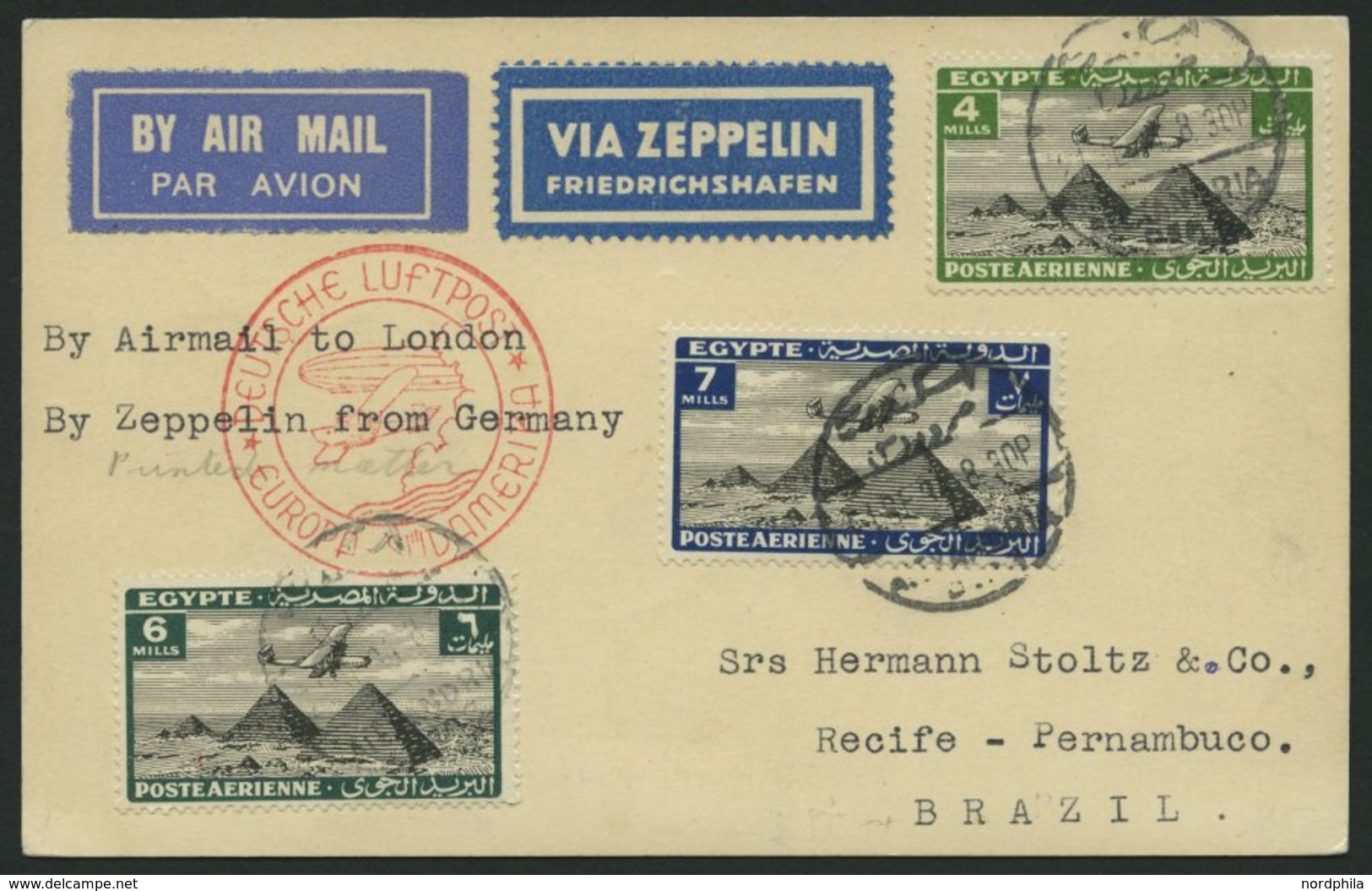 ZULEITUNGSPOST 277B BRIEF, Ägypten: 1934, 9. Südamerikafahrt, Anschlußflug Ab Stuttgart, Prachtkarte - Zeppelins