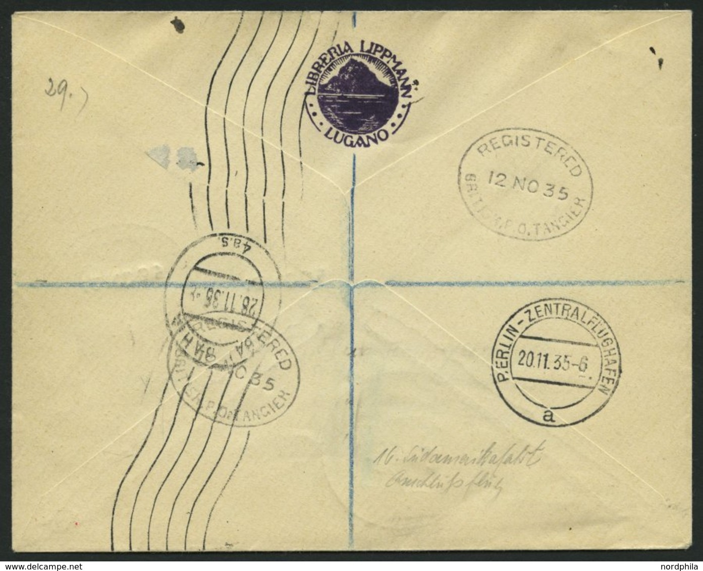 ZULEITUNGSPOST 329Ba BRIEF, Britische Post In Marokko (Tanger): 1935, 16. Südamerikafahrt, Nachbringeflug Ab Berlin, Ein - Zeppelins