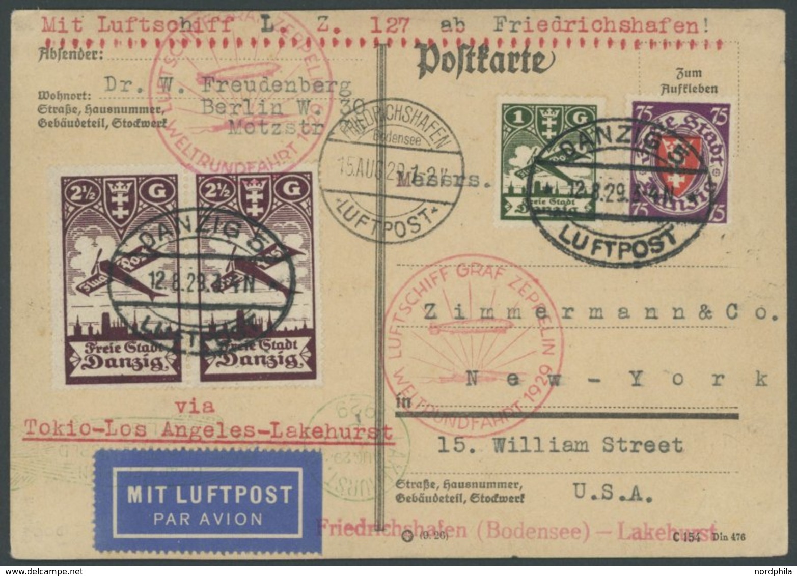 ZULEITUNGSPOST 30Ac BRIEF, Danzig: 1929, Weltrundfahrt, Friedrichshafen-Lakehurst, Frankiert U.a. Mit 2x Mi.Nr. 206, Pra - Zeppelins