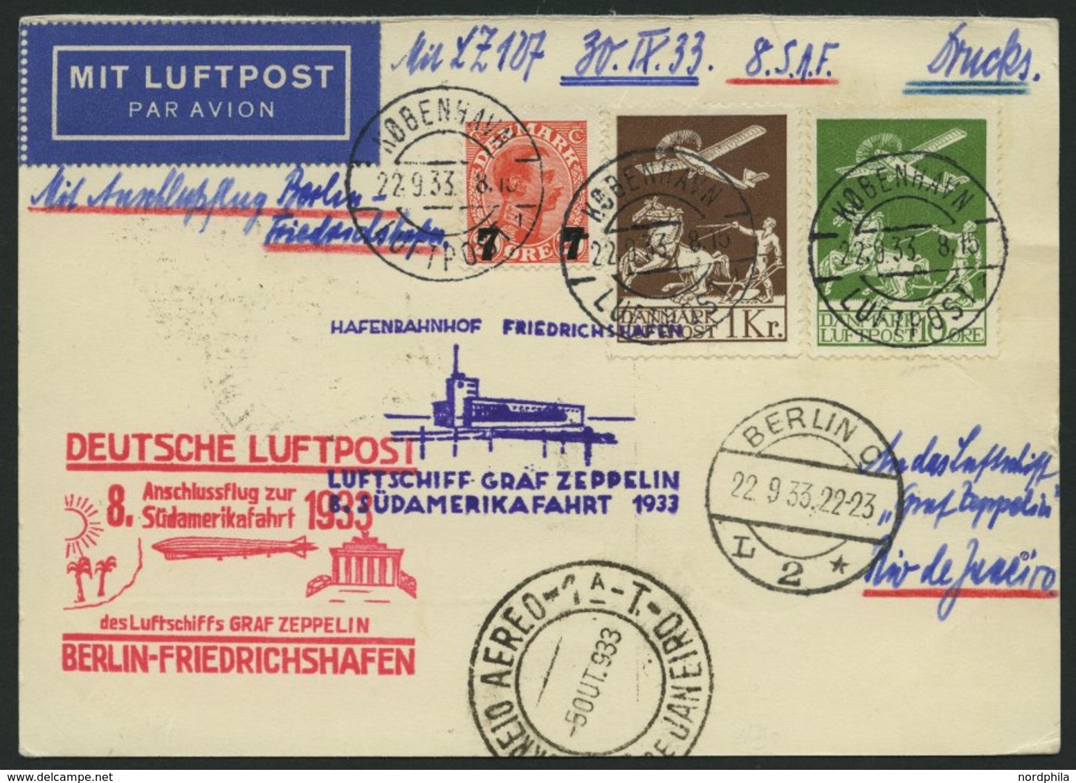 ZULEITUNGSPOST 235B BRIEF, Dänemark: 1933, 8. Südamerikafahrt, Anschlußflug Ab Berlin, Gute Frankatur, Drucksache, Prach - Zeppelins
