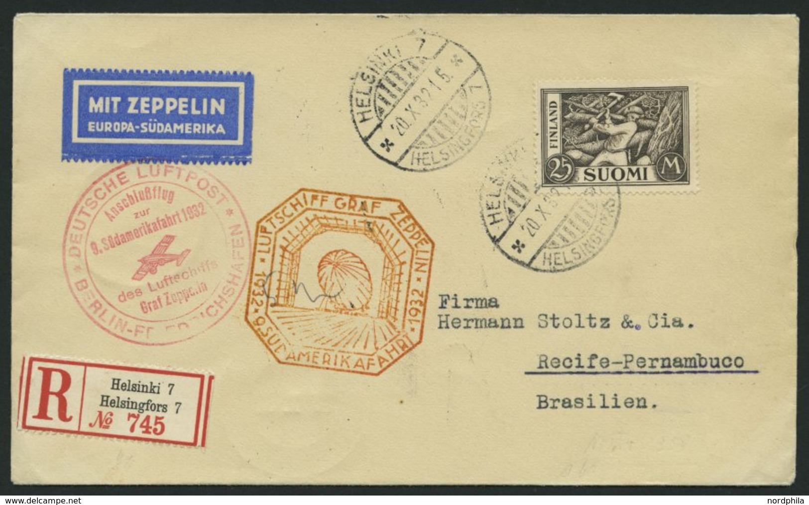 ZULEITUNGSPOST 195B BRIEF, Finnland: 1932, 9. Südamerikafahrt, Anschlußflug Ab Berlin, Einschreibbrief, Pracht - Zeppeline