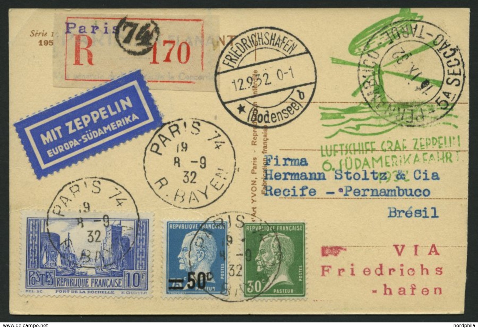 ZULEITUNGSPOST 177 BRIEF, Frankreich: 1932, 6. Südamerikafahrt, Einschreibkarte, Pracht - Zeppelines