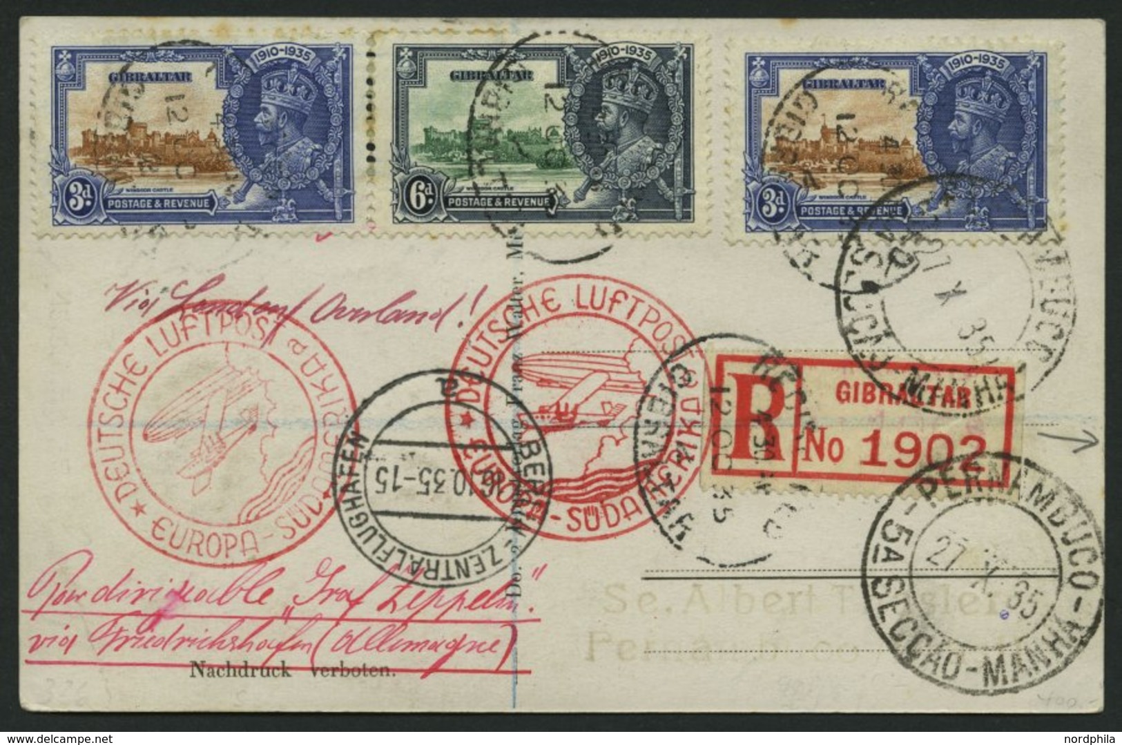 ZULEITUNGSPOST 326Bb BRIEF, Gibraltar: 1935, 15. Südamerikafahrt, Nachbringeflug Ab Berlin, Einschreibkarte, Pracht - Zeppelines