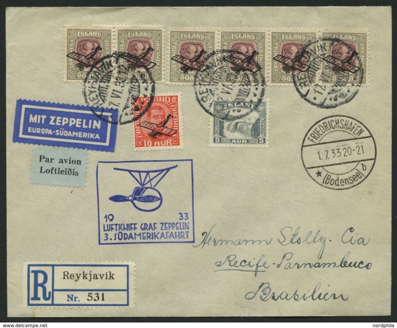 ZULEITUNGSPOST 219 BRIEF, Island: 1933, 3. Südamerikafahrt, Mit Guter Frankatur (u.a. 6x Mi.Nr. 123!), Einschreibbrief,  - Zeppelines