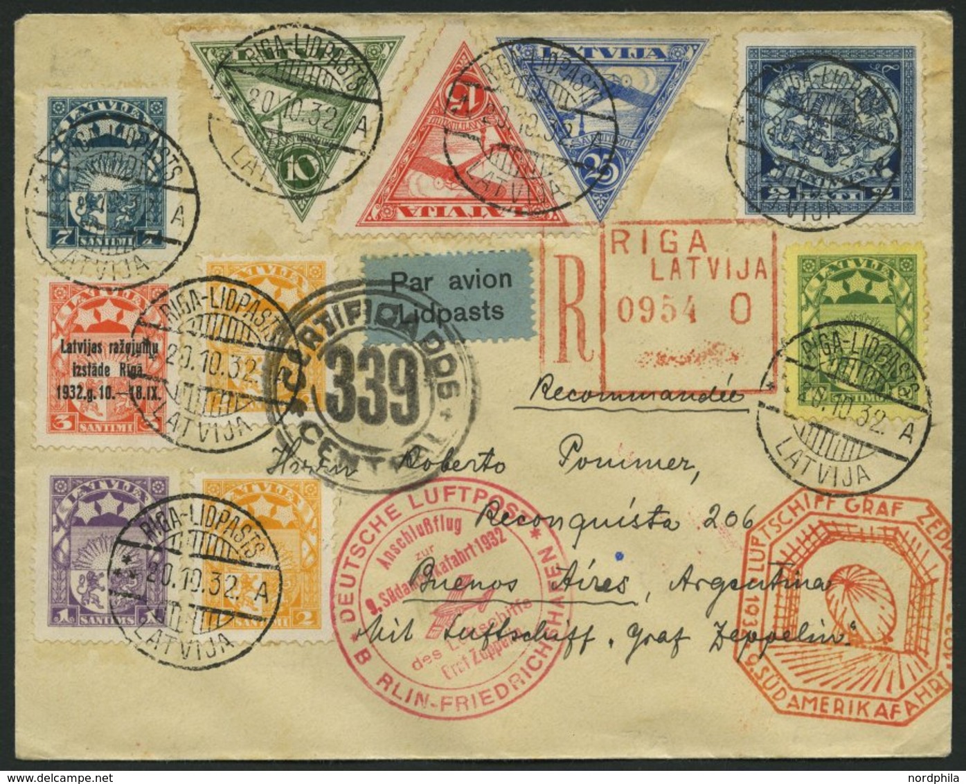 ZULEITUNGSPOST 195B BRIEF, Lettland: 1932, 9. Südamerikafahrt, Anschlußflug Ab Berlin, Einschreibbrief, Pracht - Zeppelins