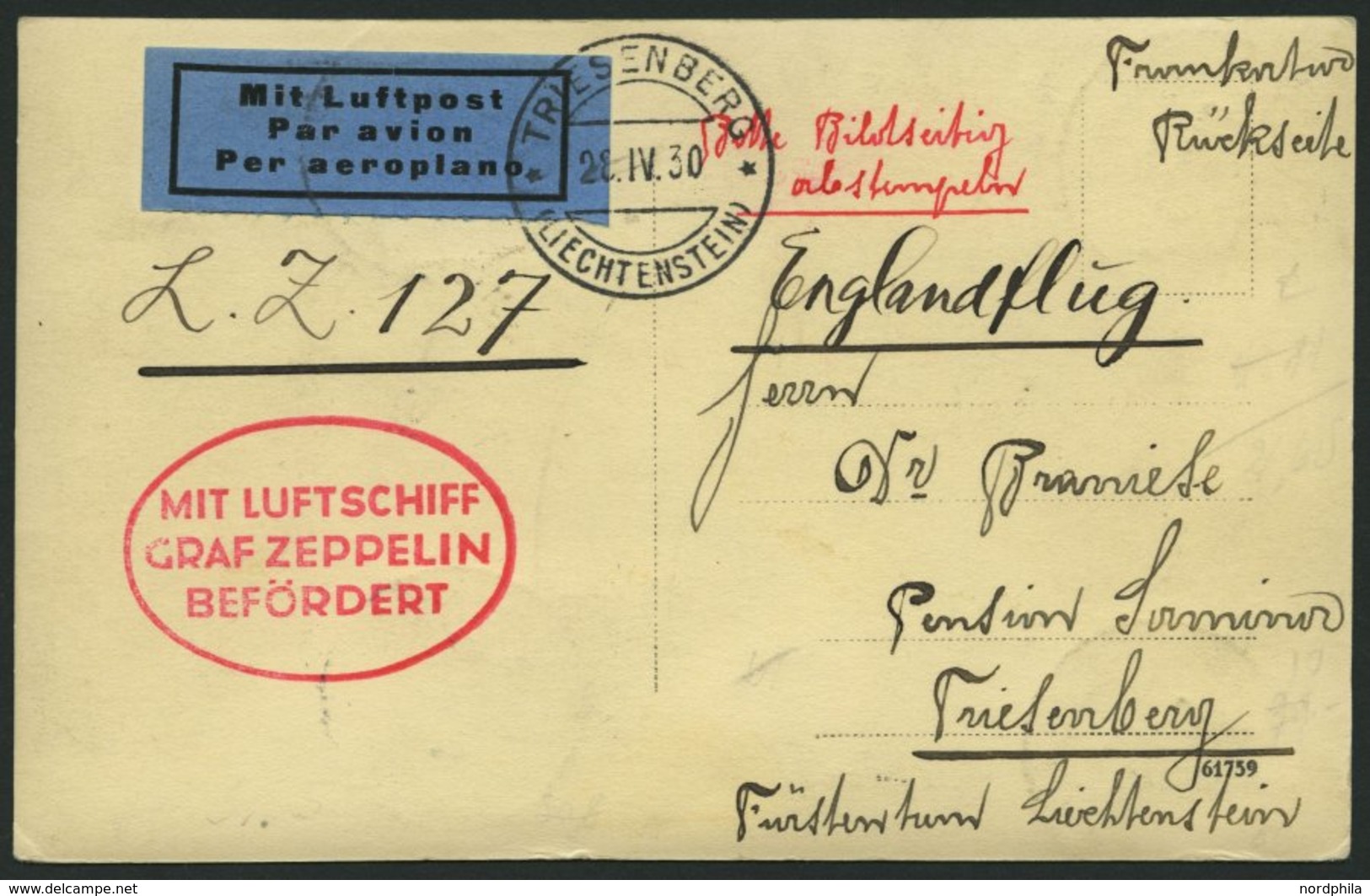 ZULEITUNGSPOST 55 BRIEF, Liechtenstein: 1930, Englandfahrt, Prachtkarte - Zeppelins