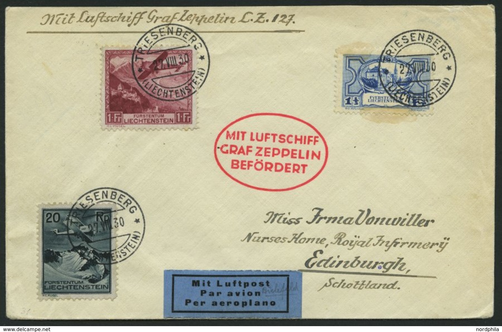 ZULEITUNGSPOST 81 BRIEF, Liechtenstein: 1930, Fahrt Nach Bielefeld, Mi.Nr. 71 Fleckig Sonst Prachtbrief - Zeppeline