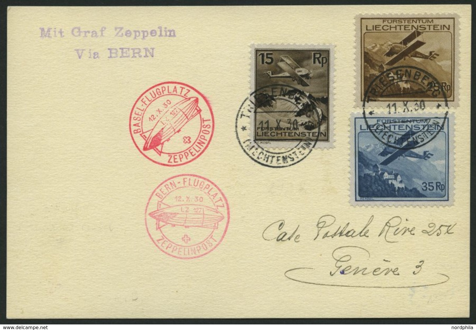 ZULEITUNGSPOST 94 BRIEF, Liechtenstein: 1930, Fahrt Bern -Basel, Sonderstempel Bern Und Basel, Prachtkarte - Zeppelins