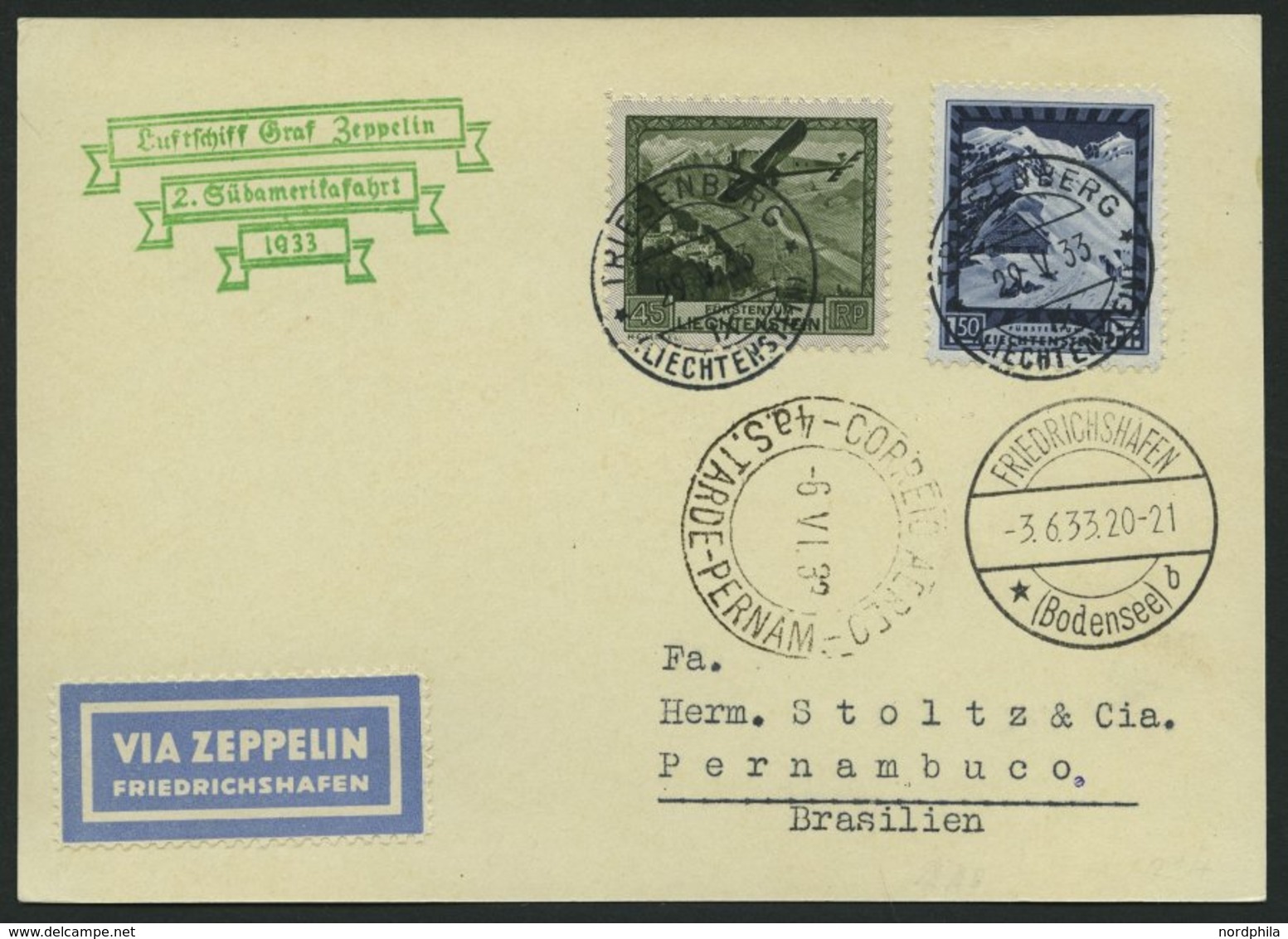 ZULEITUNGSPOST 214 BRIEF, Liechtenstein: 1933, 2. Südamerikafahrt, Prachtkarte - Zeppeline