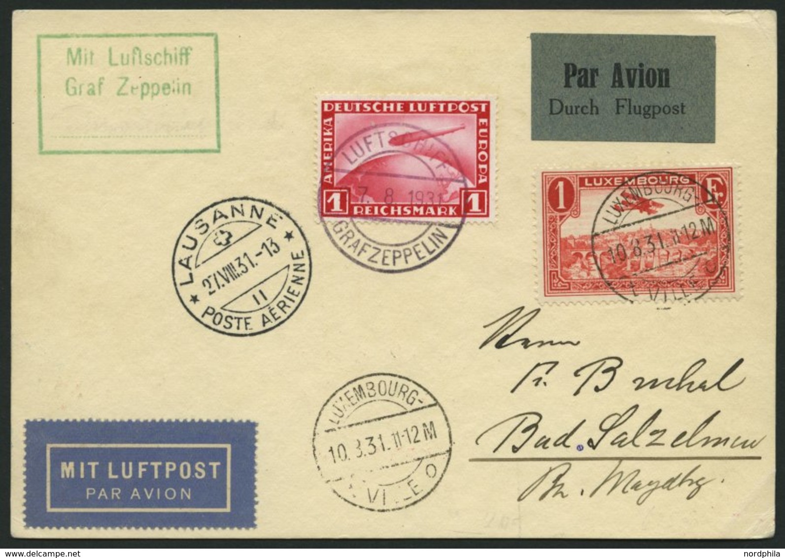 ZULEITUNGSPOST 123 BRIEF, Luxemburg: 1931, Fahrt Nach Lausanne, Prachtkarte - Zeppeline