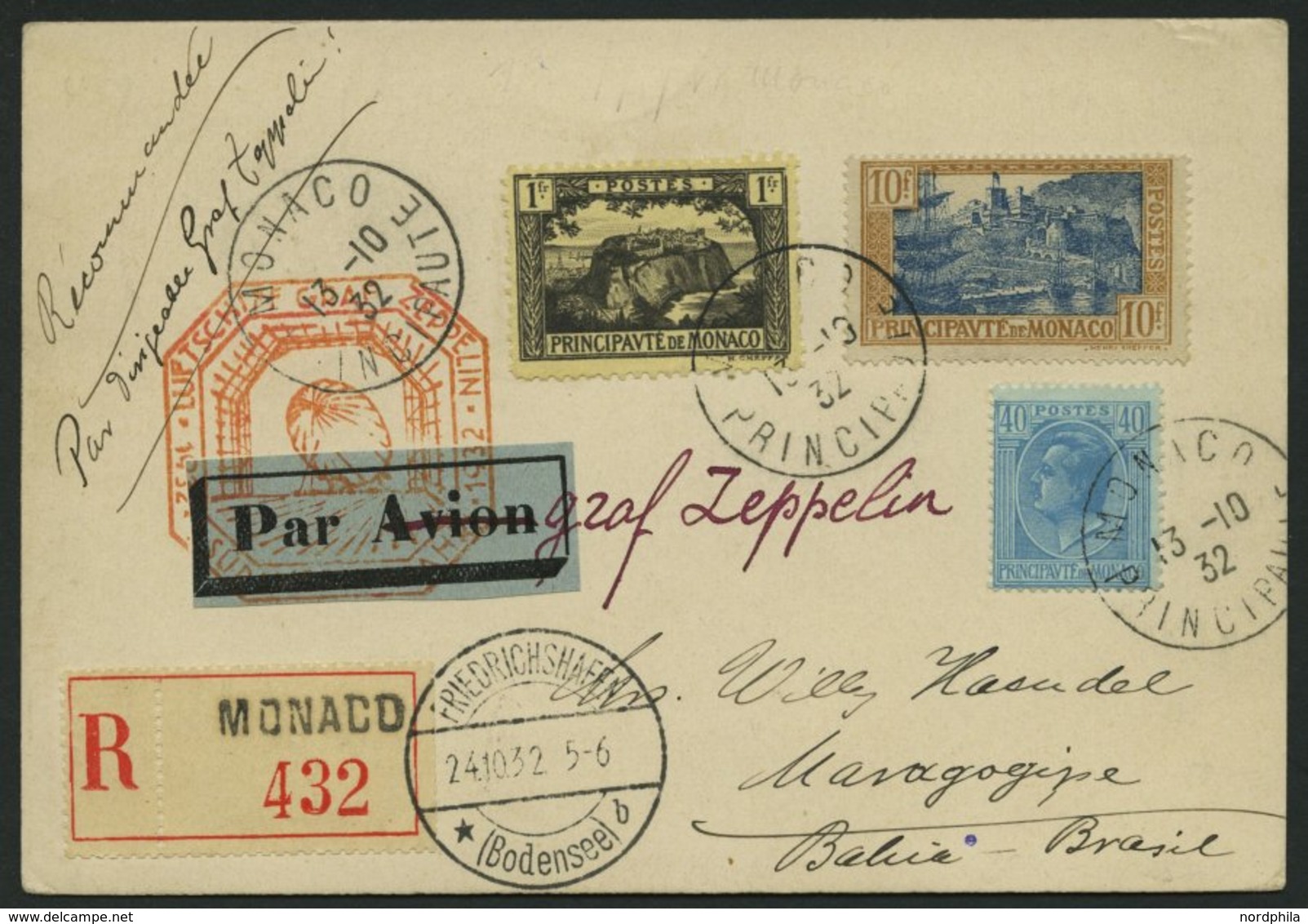 ZULEITUNGSPOST 195 BRIEF, Monaco: 1932, 9. Südamerikafahrt, Einschreibkarte, Pracht - Zeppeline