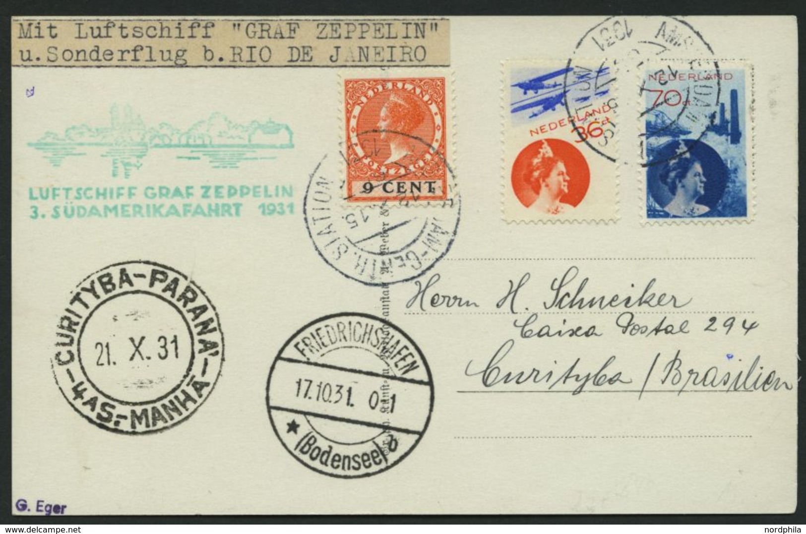 ZULEITUNGSPOST 133 BRIEF, Niederlande: 1931, 3. Südamerikafahrt, Prachtkarte - Zeppeline