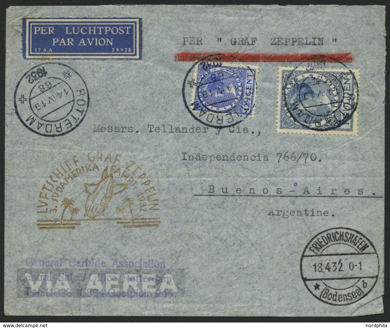 ZULEITUNGSPOST 150 BRIEF, Niederlande: 1932, 3. Südamerikafahrt, Bedarfsbrief, Pracht - Zeppelins