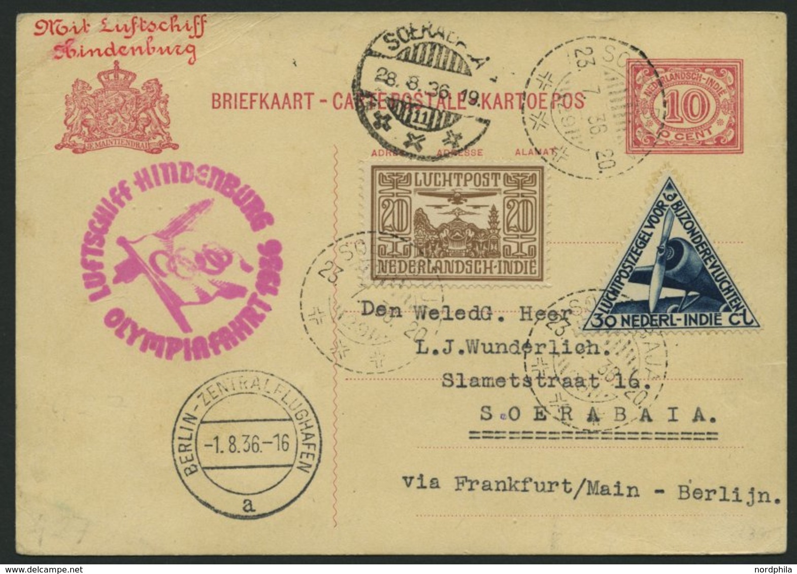 ZULEITUNGSPOST 427 BRIEF, Niederländisch-Indien: 1936, Olympiafahrt, Karte Feinst - Zeppeline