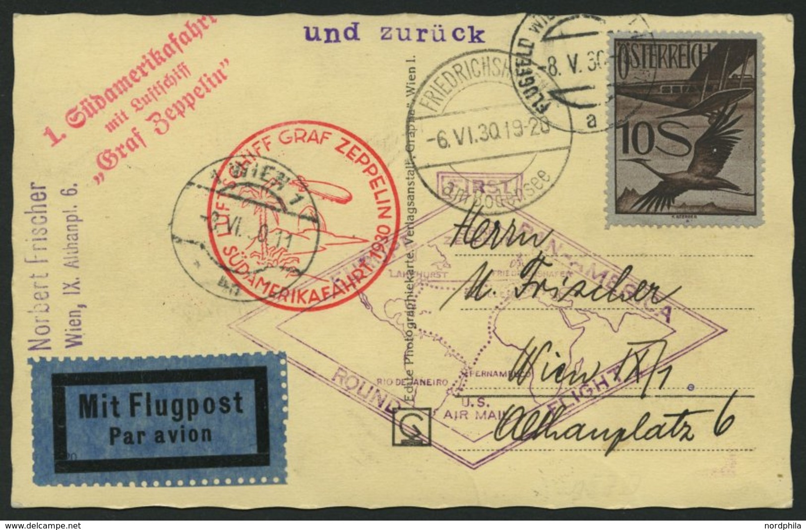 ZULEITUNGSPOST 57 BRIEF, Österreich: 1930, Südamerikafahrt, Bis Friedrichshafen, Mit Einzelfrankatur Mi.Nr. 487!, Pracht - Zeppeline