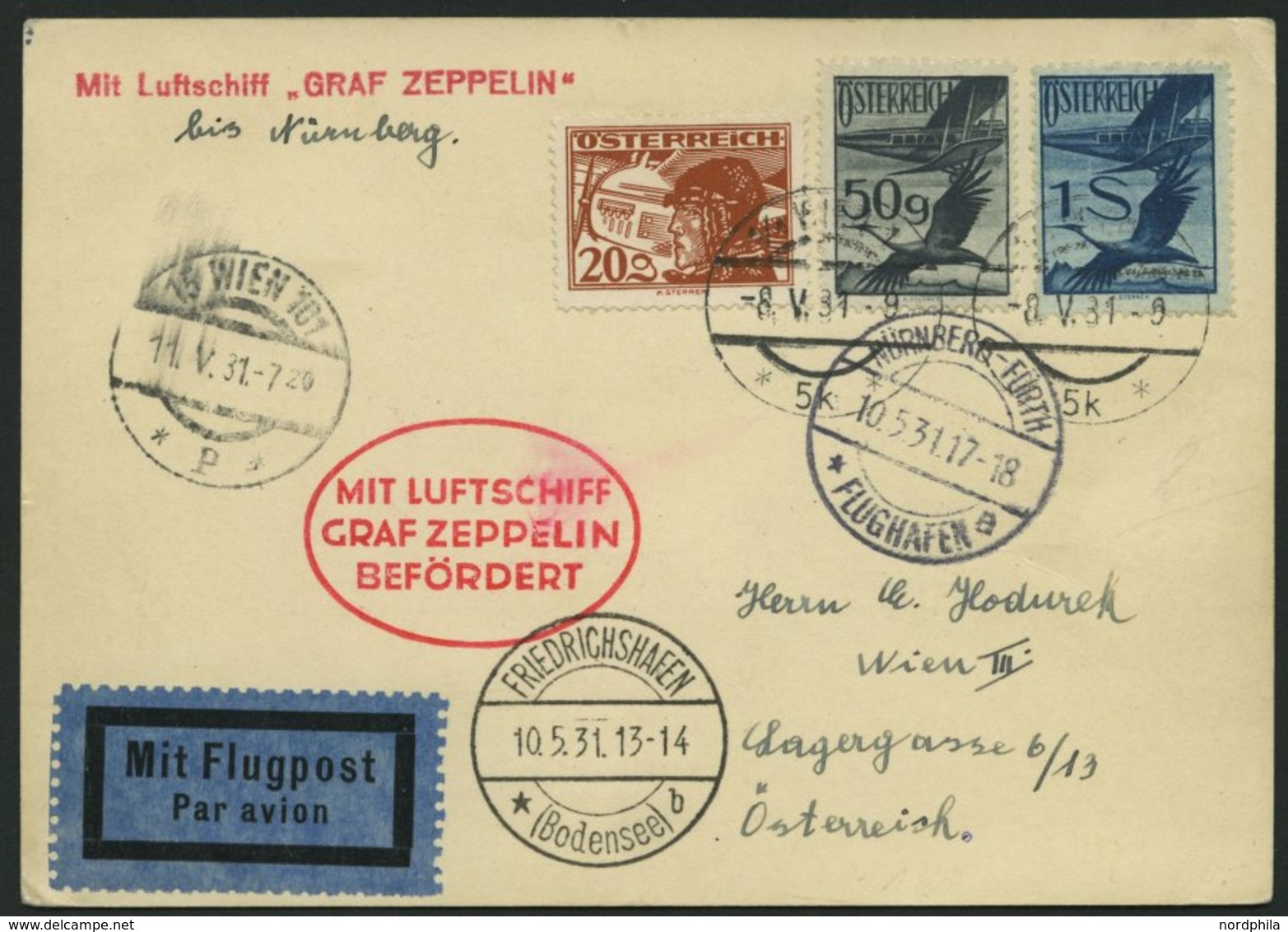 ZULEITUNGSPOST 107 BRIEF, Österreich: 1931, Fahrt Nach Nürnberg, Prachtkarte - Zeppeline