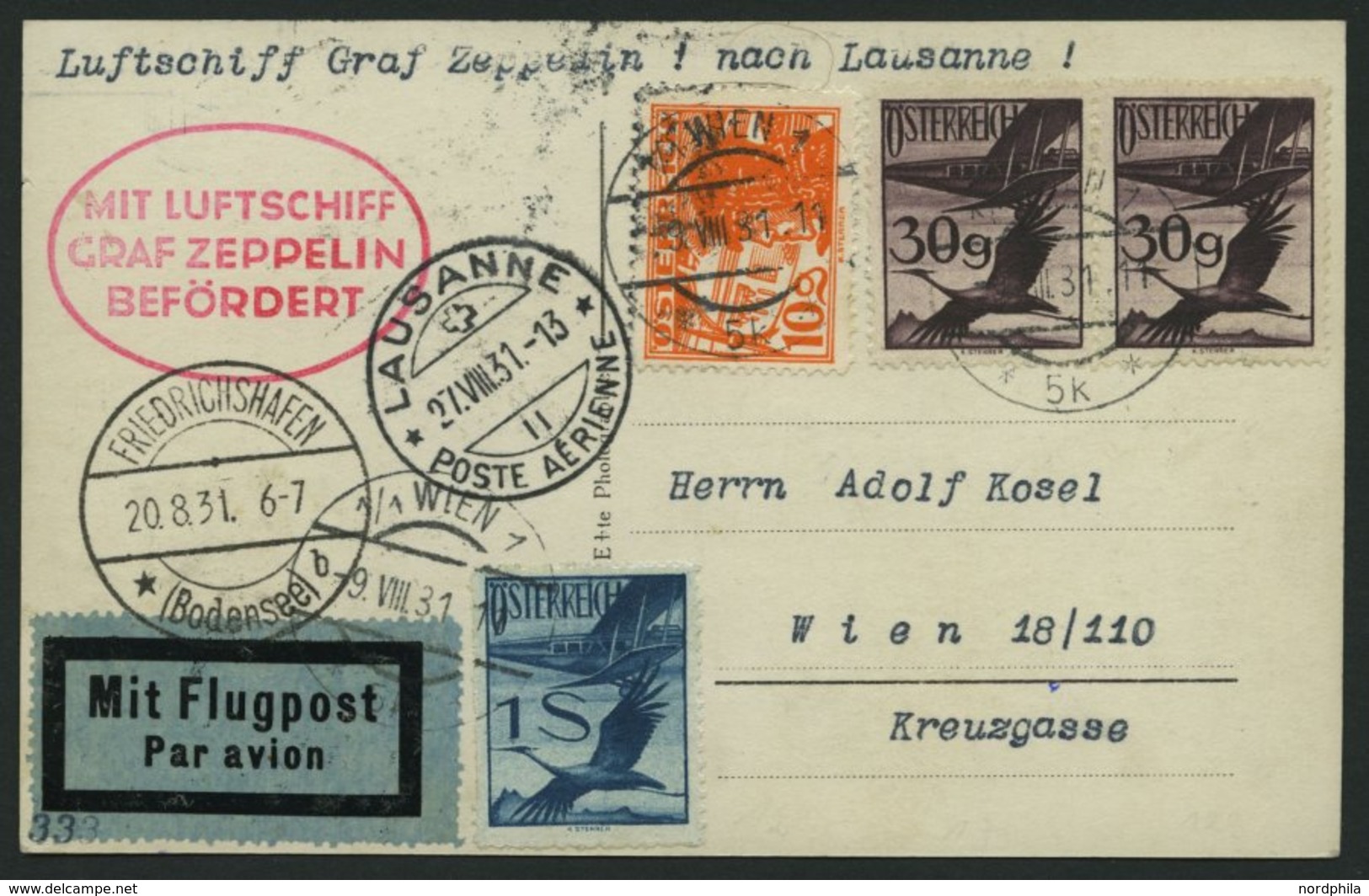 ZULEITUNGSPOST 123 BRIEF, Österreich, 1931, Fahrt Nach Lausanne, Prachtkarte - Zeppelines