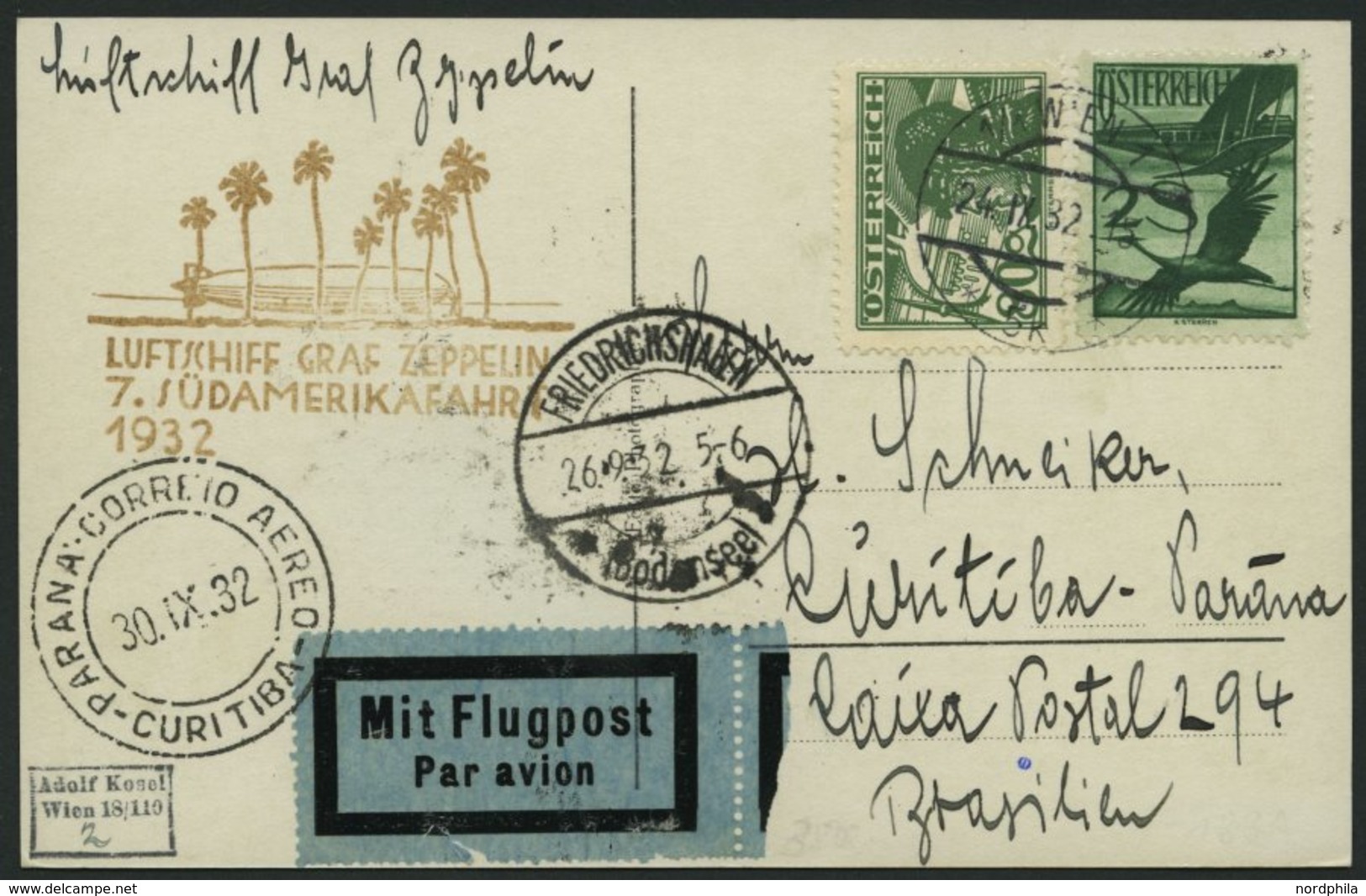 ZULEITUNGSPOST 183 BRIEF, Österreich: 1932, 7. Südamerikafahrt, Prachtkarte - Zeppelins