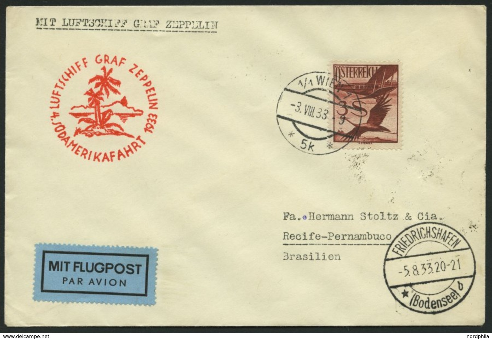 ZULEITUNGSPOST 223 BRIEF, Österreich: 1933, 4. Südamerikafahrt, Mit Einzelfrankatur Mi.Nr. 485, Prachtbrief - Zeppelins