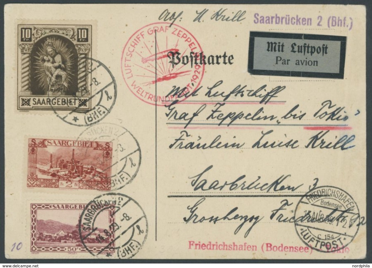 ZULEITUNGSPOST 30Aa BRIEF, Saargebiet: 1929, Weltrundfahrt, Poststempel Friedrichshafen, Friedrichshafen-Tokio, Frankier - Zeppeline