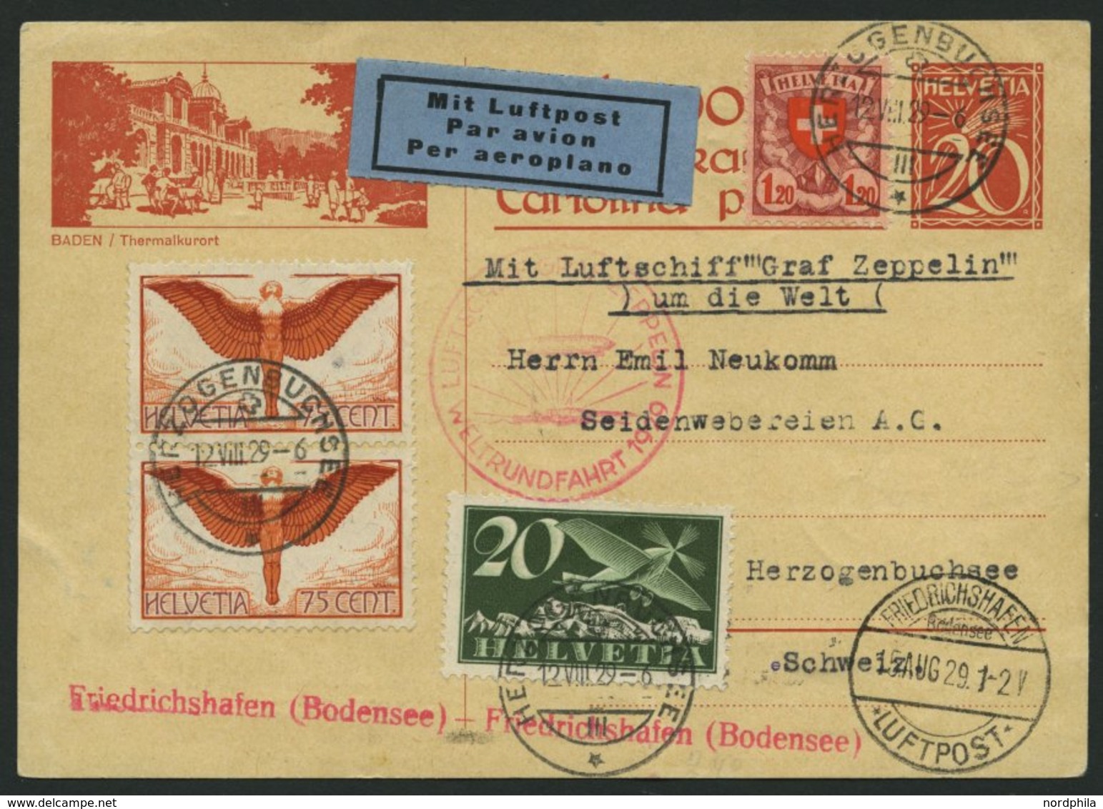 ZULEITUNGSPOST 30Ad BRIEF, Schweiz: 1929, Weltrundfahrt, Friedrichshafen-Friedrichshafen, Gute Frankatur!, Prachtkarte - Zeppelines