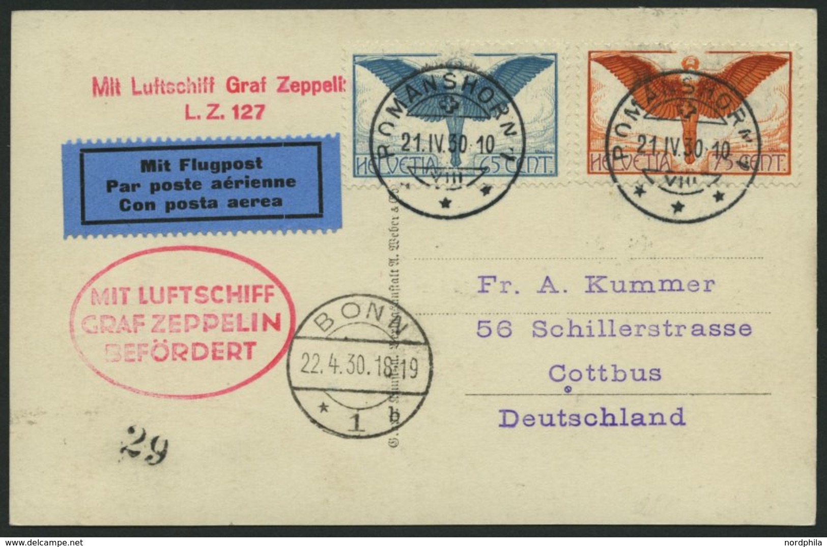 ZULEITUNGSPOST 54 BRIEF, Schweiz: 1930, Fahrt Nach Bonn, Prachtkarte - Zeppeline