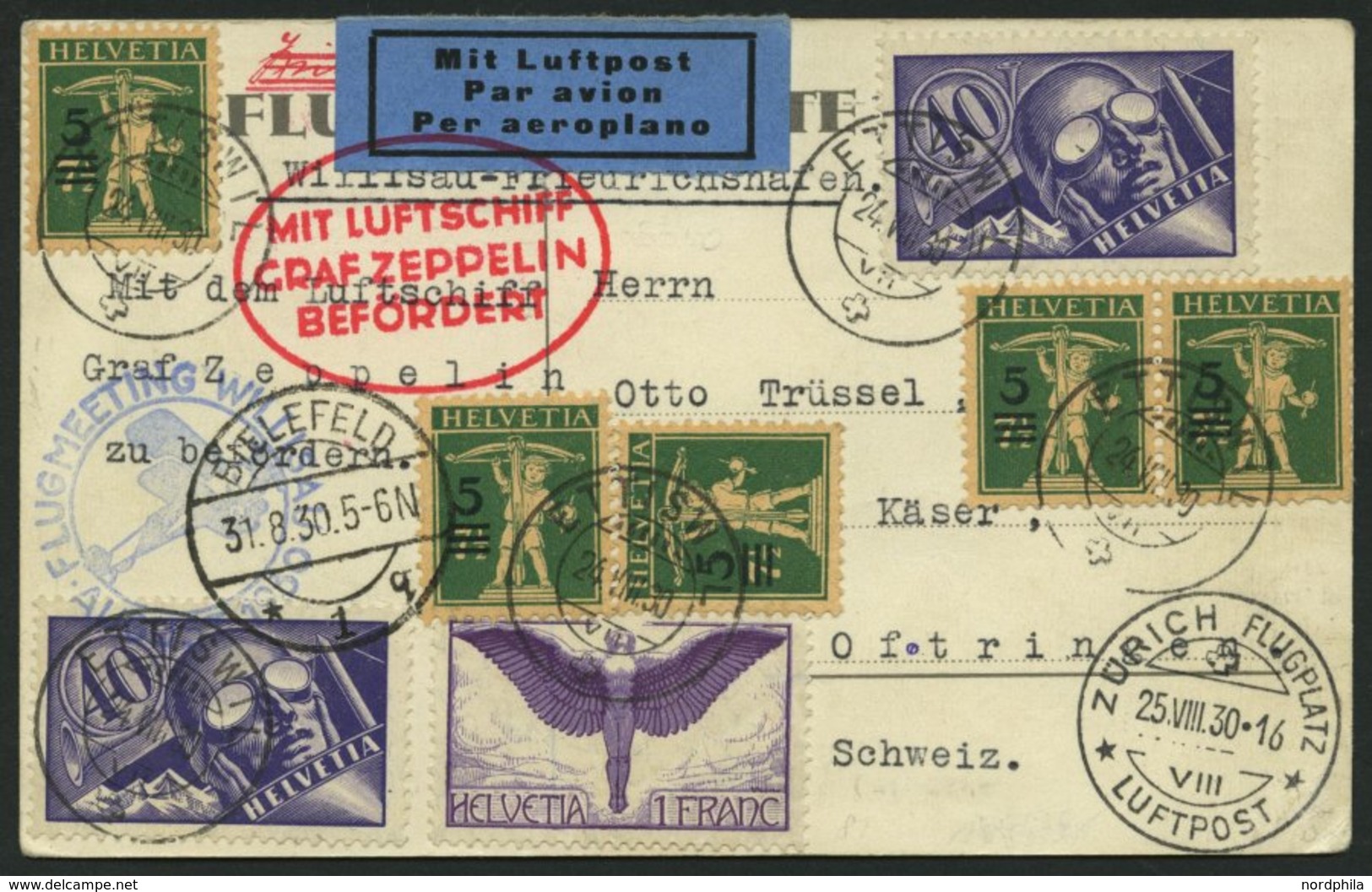 ZULEITUNGSPOST 81 BRIEF, Schweiz: 1930, Fahrt Nach Bielefeld, Mit Blauem Stempel FLUGMEETING WILLISAU, Prachtkarte - Zeppelines