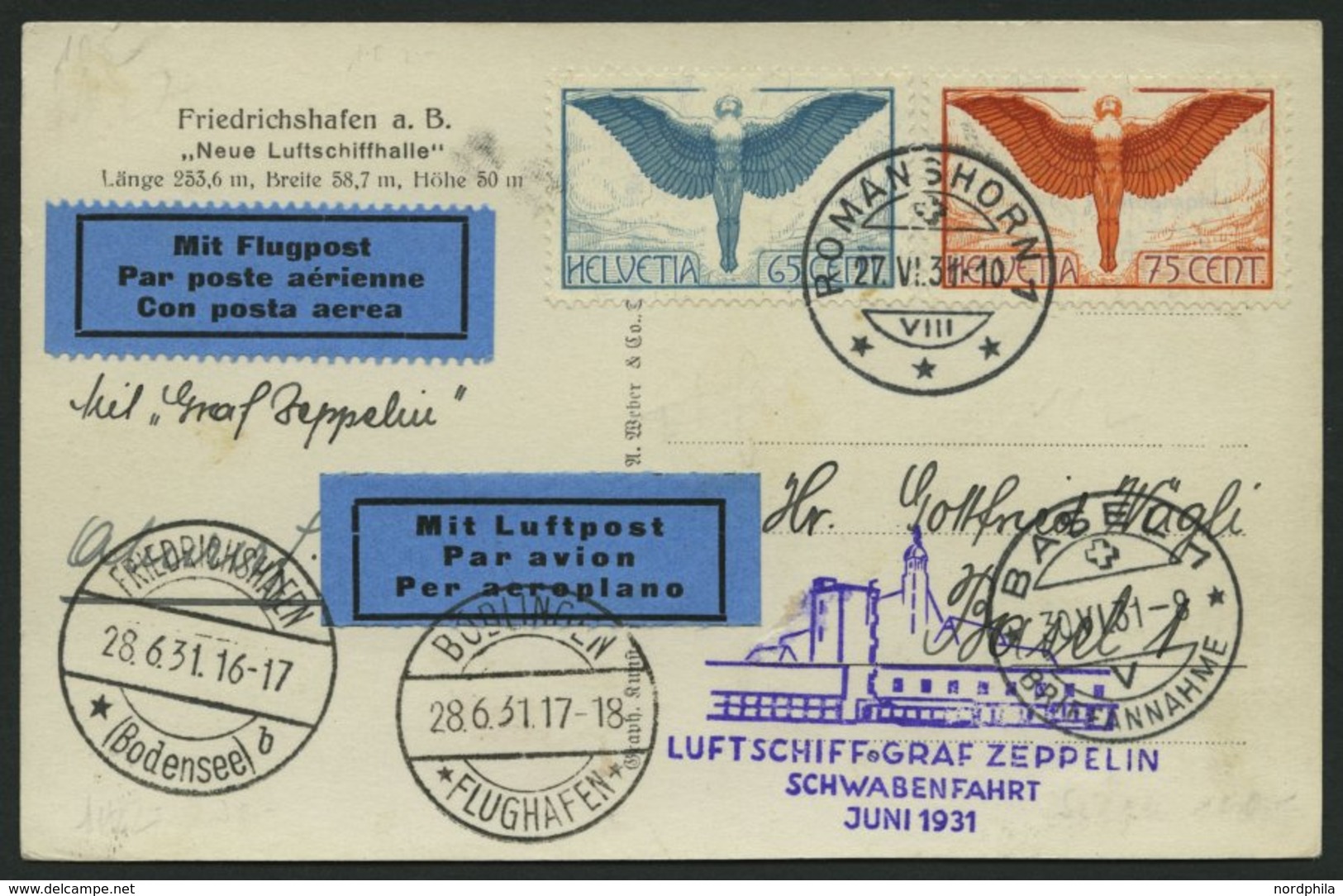 ZULEITUNGSPOST 112Aa BRIEF, Schweiz: 1931, Schwabenfahrt, Post Nach Böblingen, Prachtkarte - Zeppelins