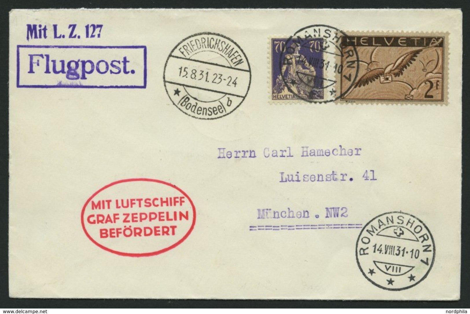 ZULEITUNGSPOST 121D BRIEF, Schweiz: 1931, Fahrt Nach Essen, Prachtbrief - Zeppeline