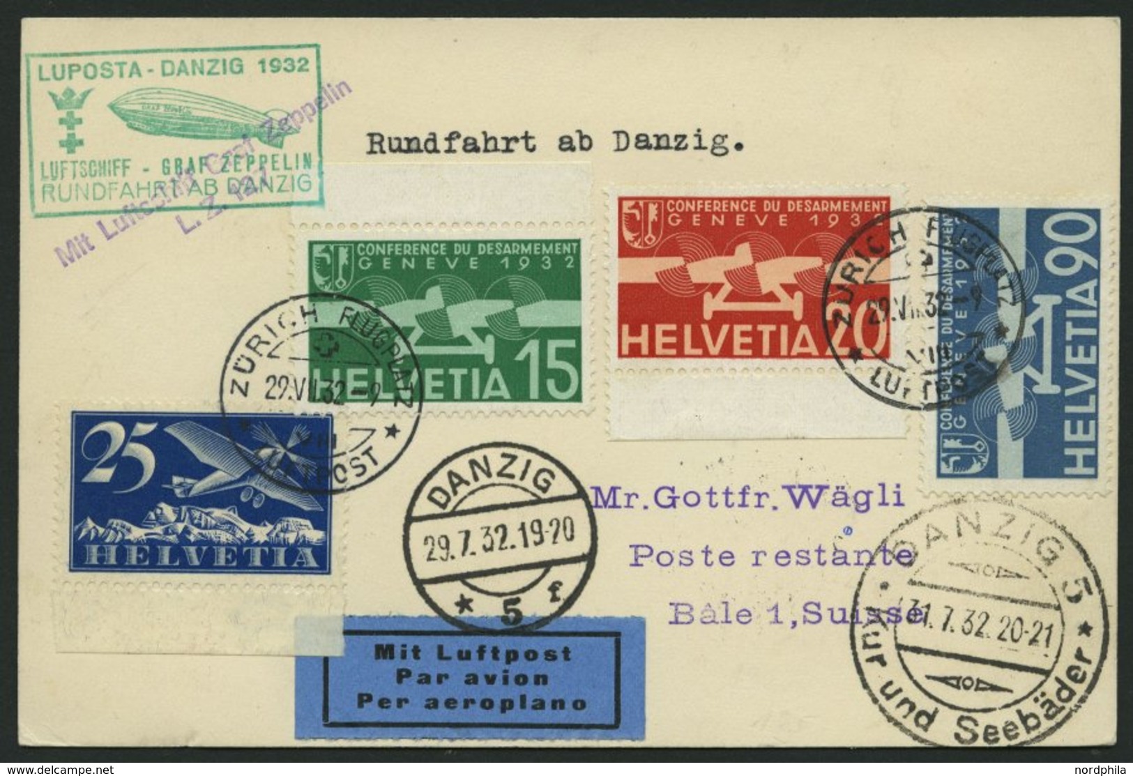 ZULEITUNGSPOST 170Ab BRIEF, Schweiz: 1932, Luposta-Rundfahrt, Abgabe Danzig, Prachtkarte - Zeppelines