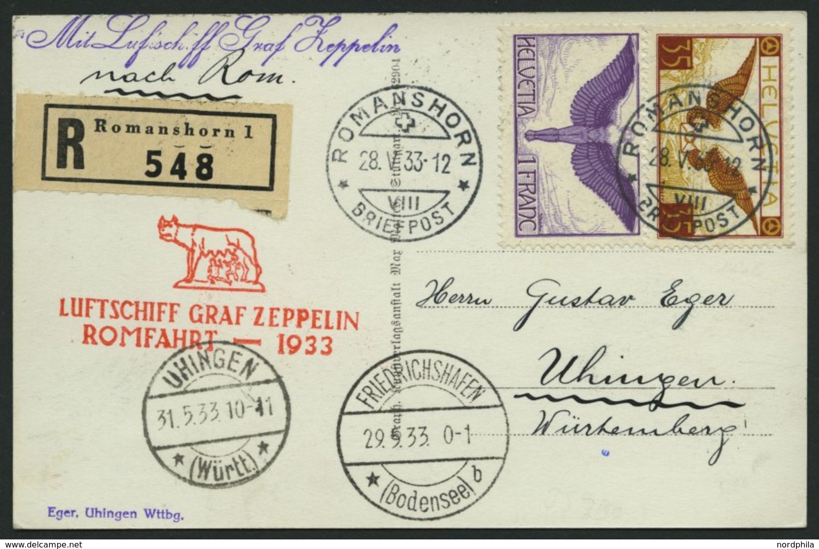 ZULEITUNGSPOST 207Ba BRIEF, Schweiz: 1933, Italienfahrt, Abgabe Rom, Prachtkarte - Zeppeline