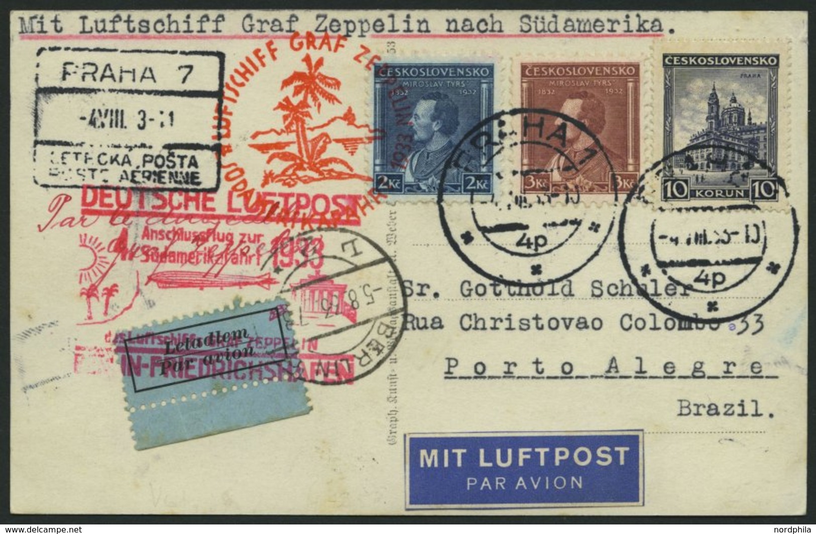ZULEITUNGSPOST 223B BRIEF, Tschechoslowakei: 1933, 4. Südamerikafahrt, Prachtkarte - Zeppeline