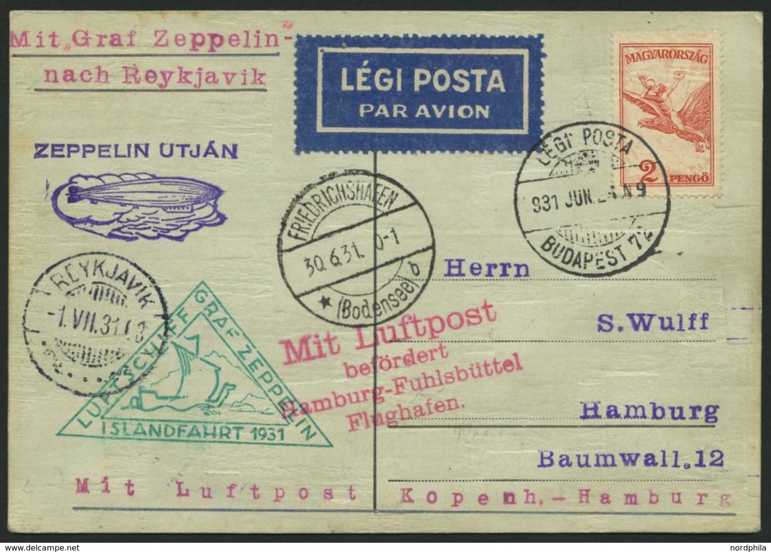 ZULEITUNGSPOST 113 BRIEF, Ungarn: 1931, Islandfahrt, Prachtkarte - Zeppeline