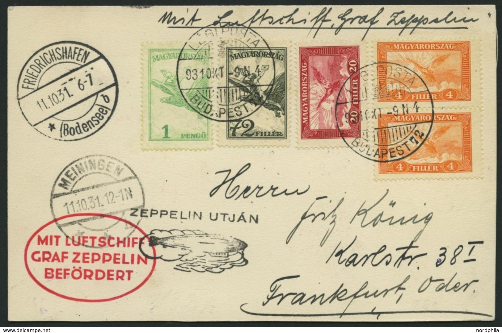 ZULEITUNGSPOST 132 BRIEF, Ungarn: 1931, Fahrt Nach Meiningen, Prachtkarte - Zeppelins